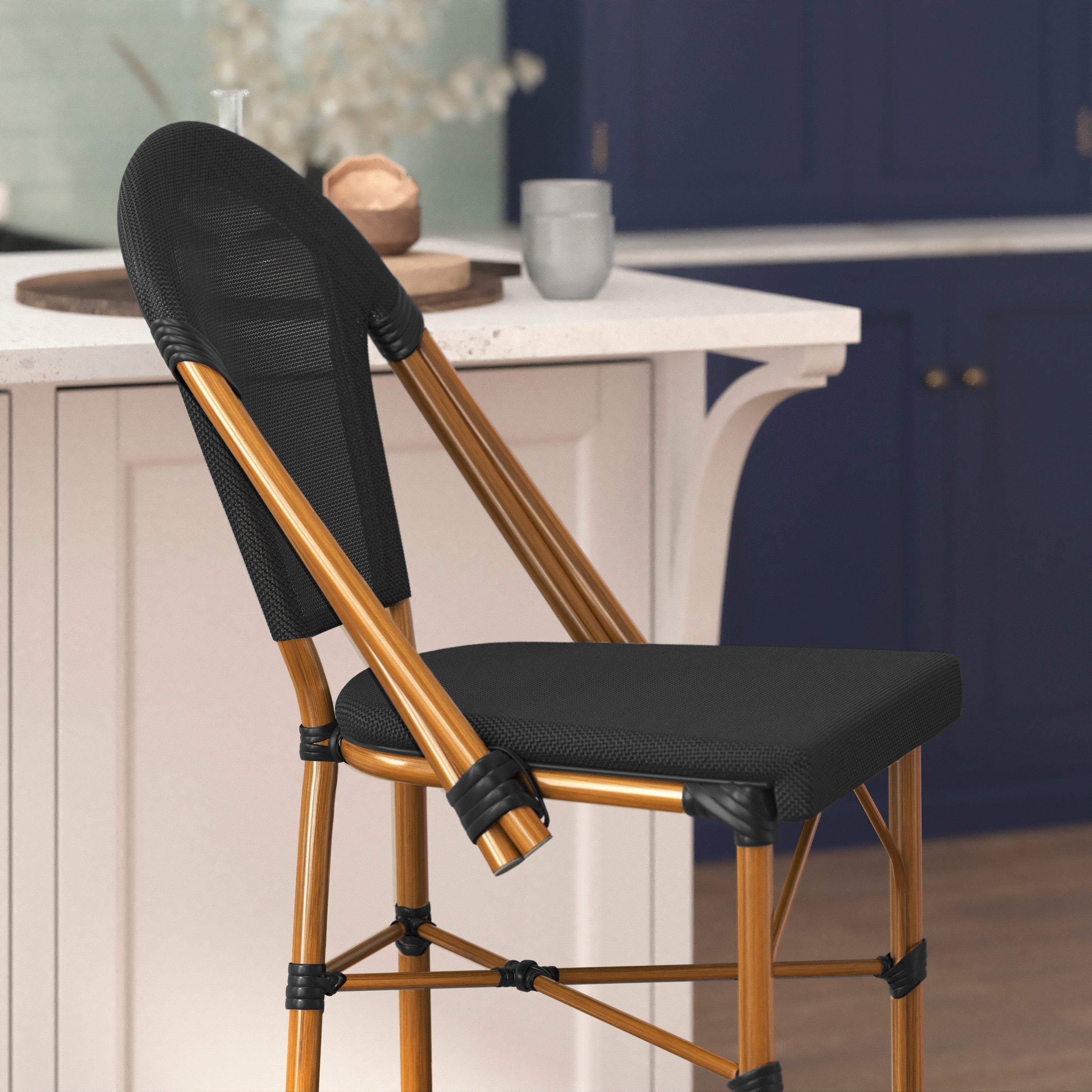 Marseille Stackable Indoor/Outdoor Bistro 30" High Barstool, Commercial Grade, Black and Bamboo Finish