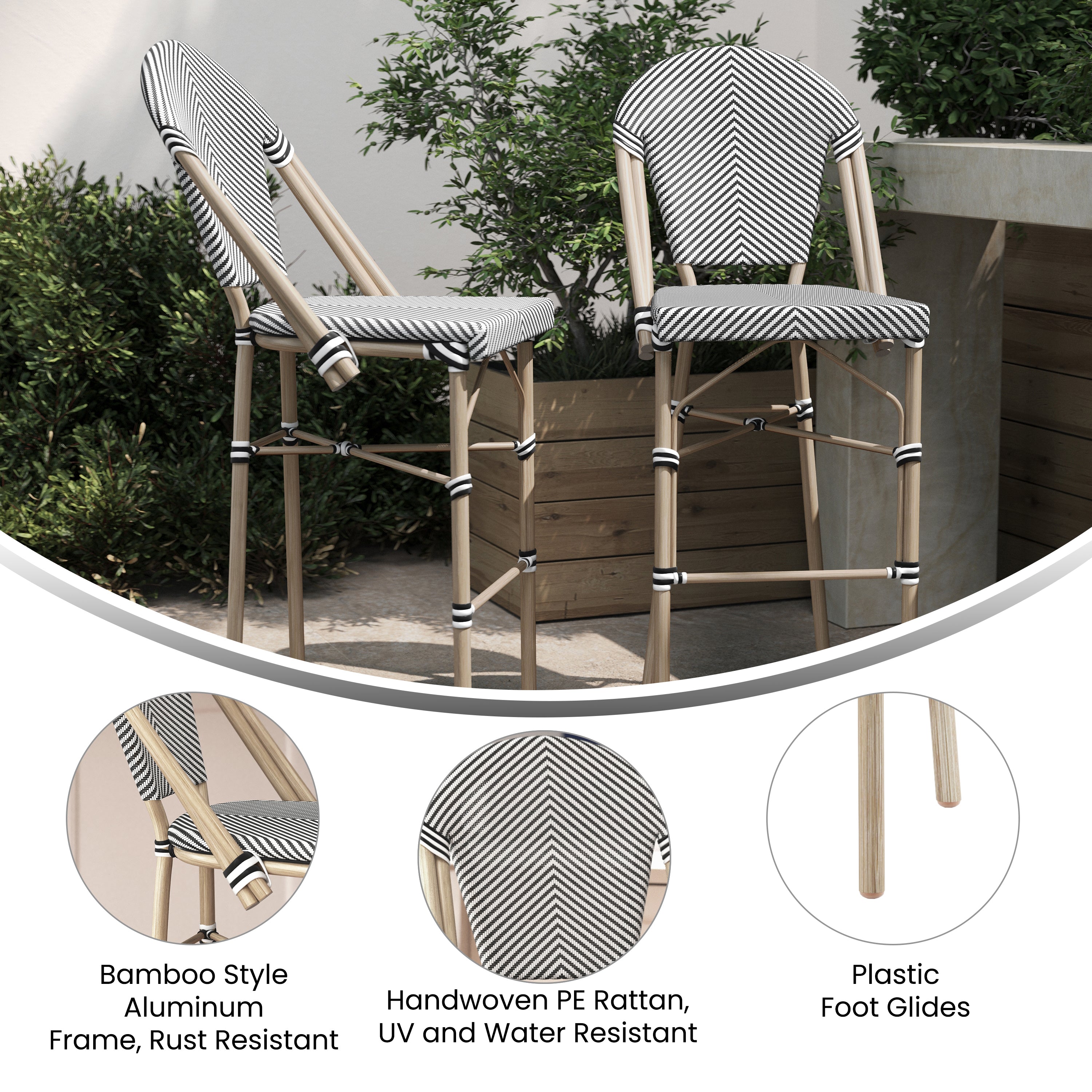 Marseille Stackable Indoor/Outdoor Bistro 30" High Barstool, Commercial Grade, Black/White and Light Bamboo Finish