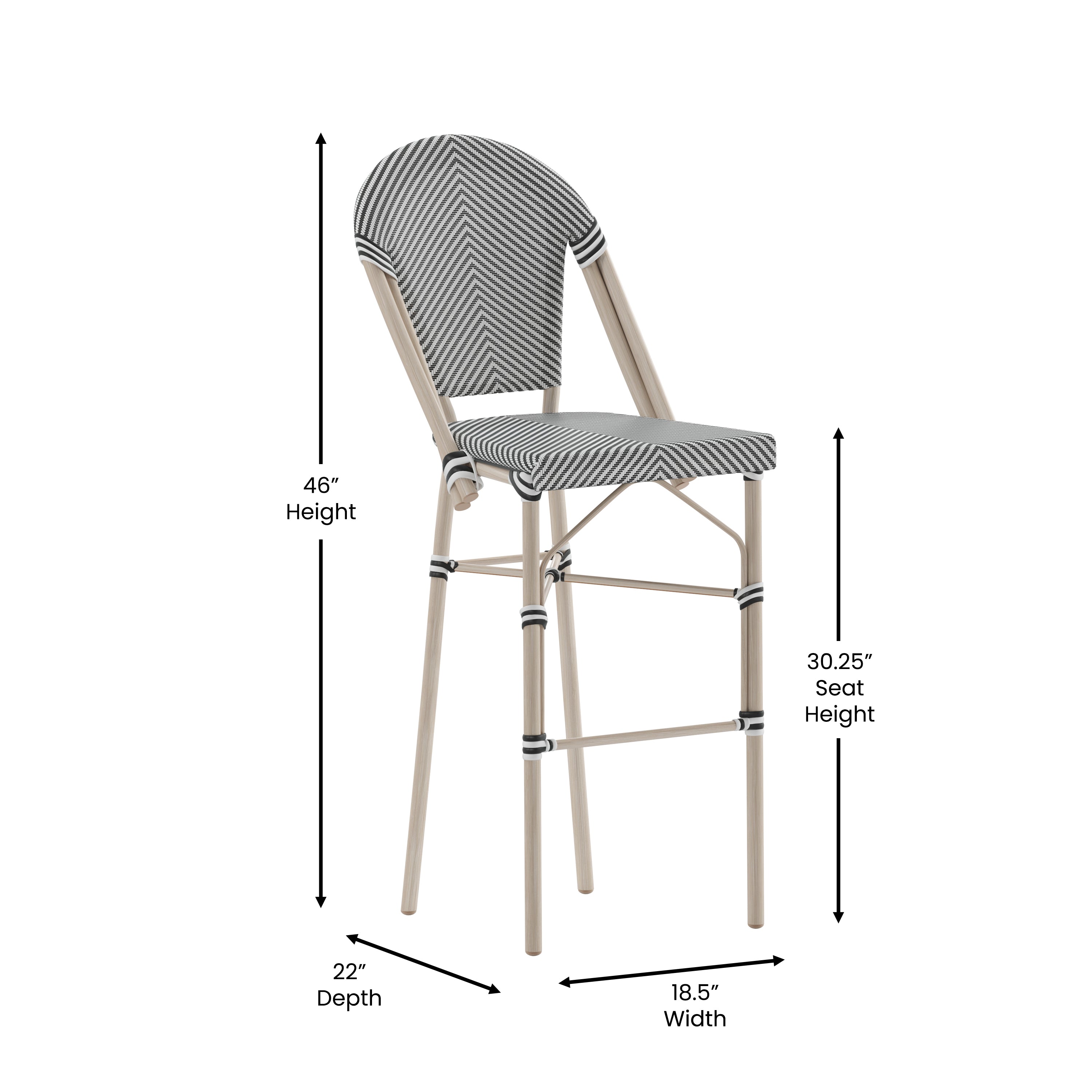 Marseille Stackable Indoor/Outdoor Bistro 30" High Barstool, Commercial Grade, Black/White and Light Bamboo Finish