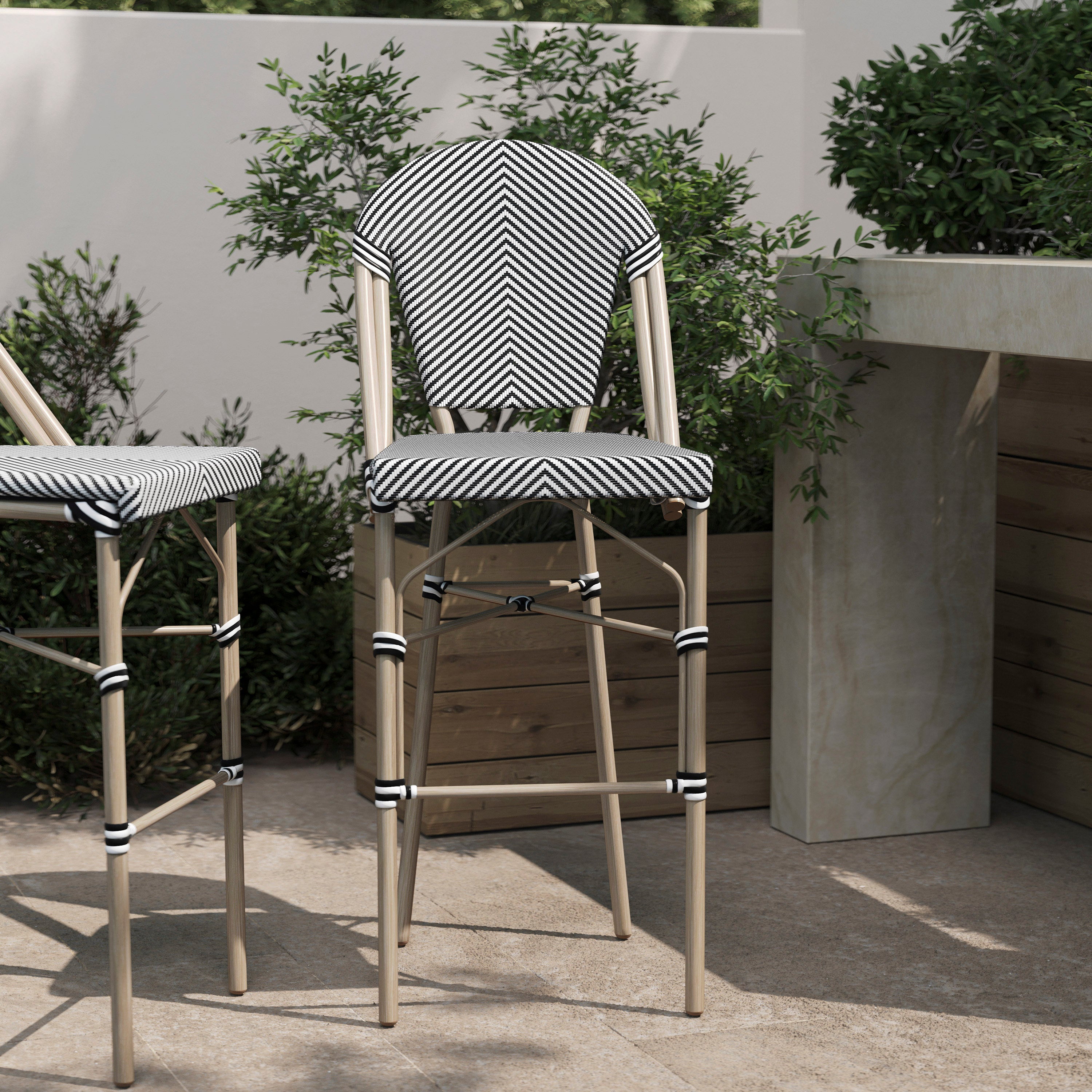 Marseille Stackable Indoor/Outdoor Bistro 30" High Barstool, Commercial Grade, Black/White and Light Bamboo Finish