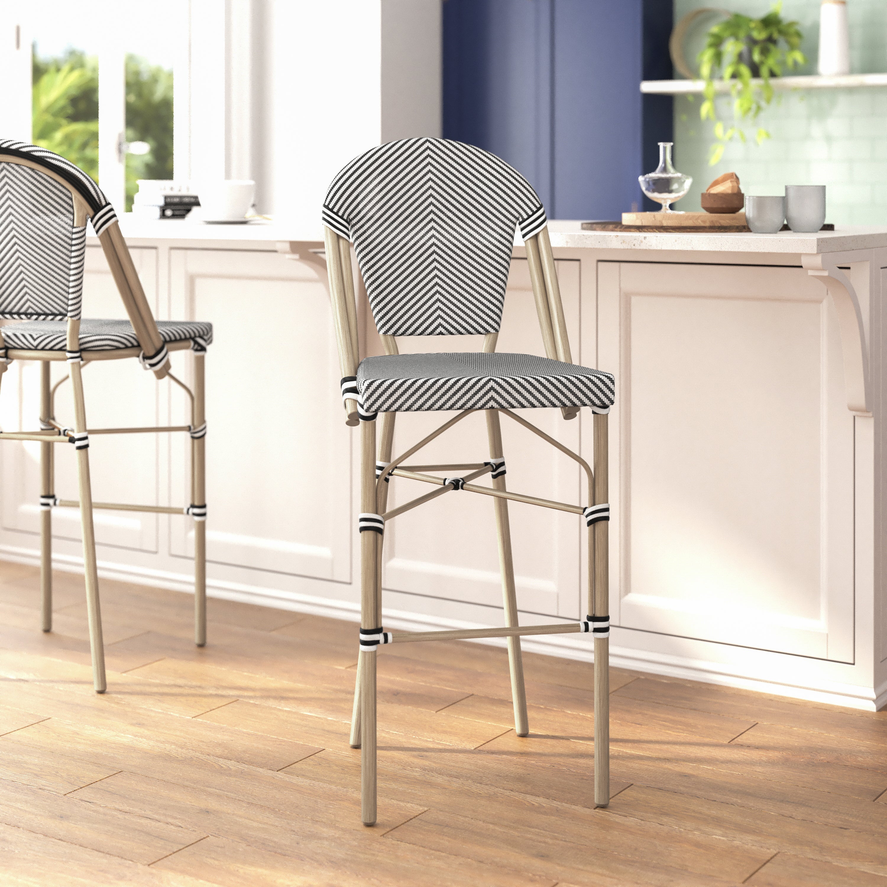 Marseille Stackable Indoor/Outdoor Bistro 30" High Barstool, Commercial Grade, Black/White and Light Bamboo Finish