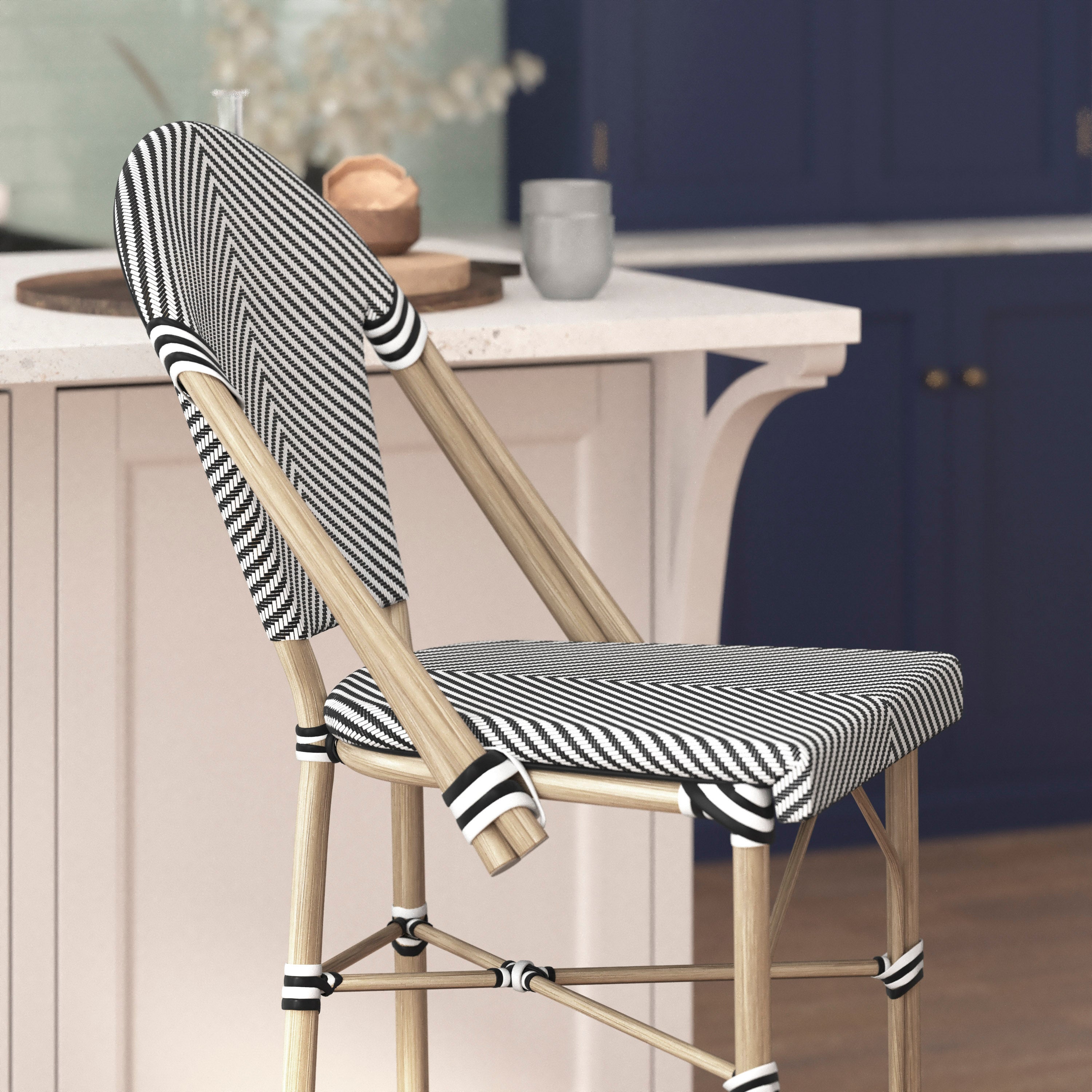 Marseille Stackable Indoor/Outdoor Bistro 30" High Barstool, Commercial Grade, Black/White and Light Bamboo Finish