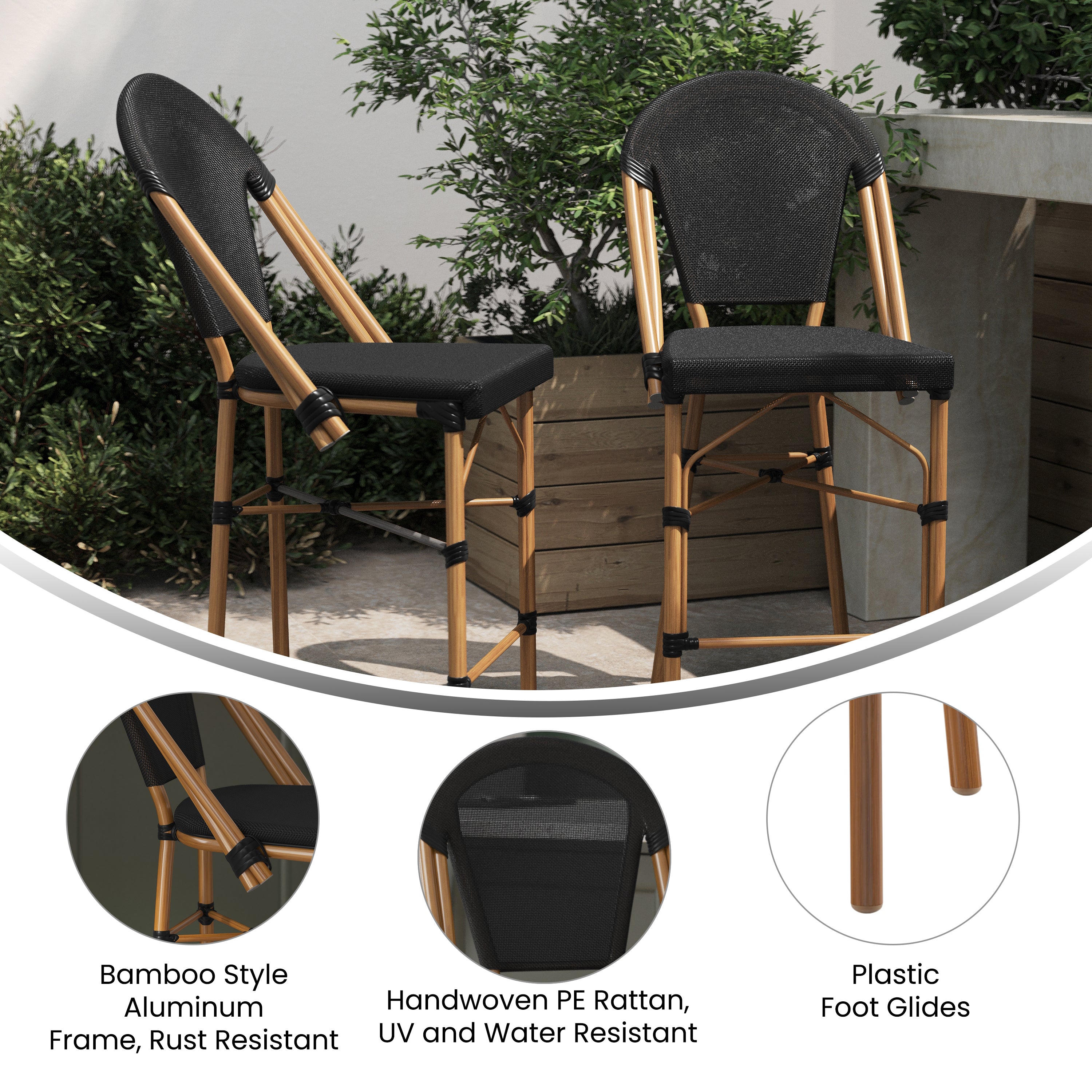 Marseille Stackable Indoor/Outdoor Bistro 26" High Counter Height Stool, Commercial Grade, Black and Bamboo Finish