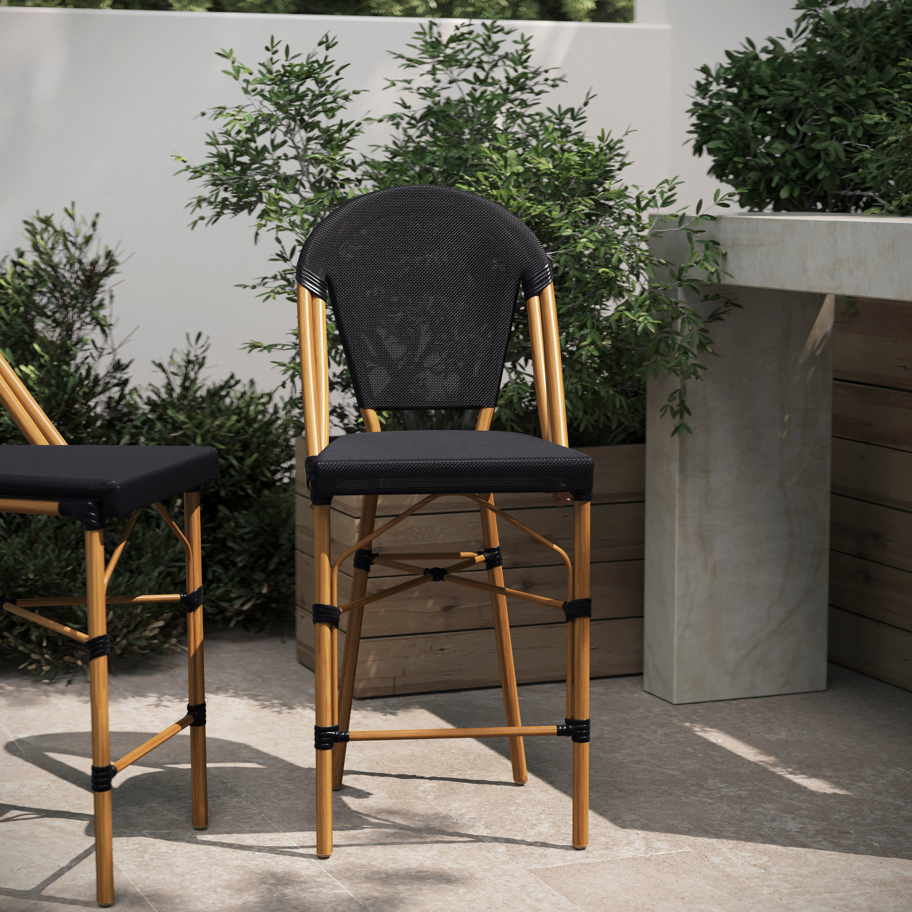 Marseille Stackable Indoor/Outdoor Bistro 26" High Counter Height Stool, Commercial Grade, Black and Bamboo Finish
