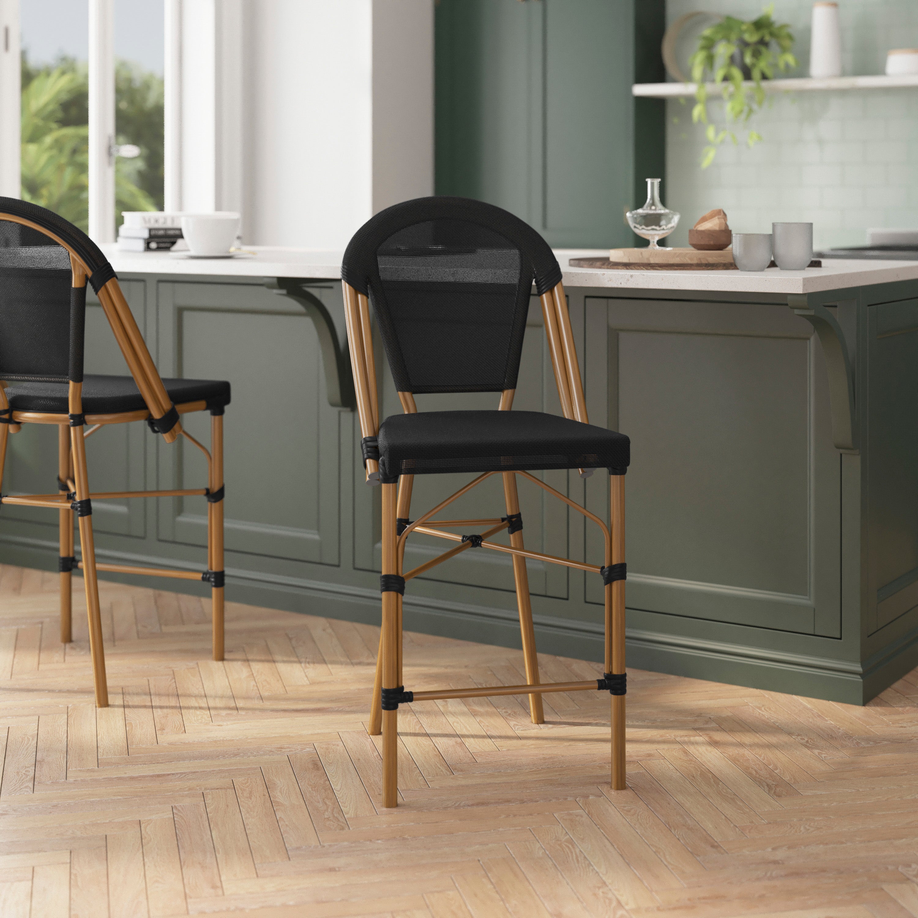 Marseille Stackable Indoor/Outdoor Bistro 26" High Counter Height Stool, Commercial Grade, Black and Bamboo Finish