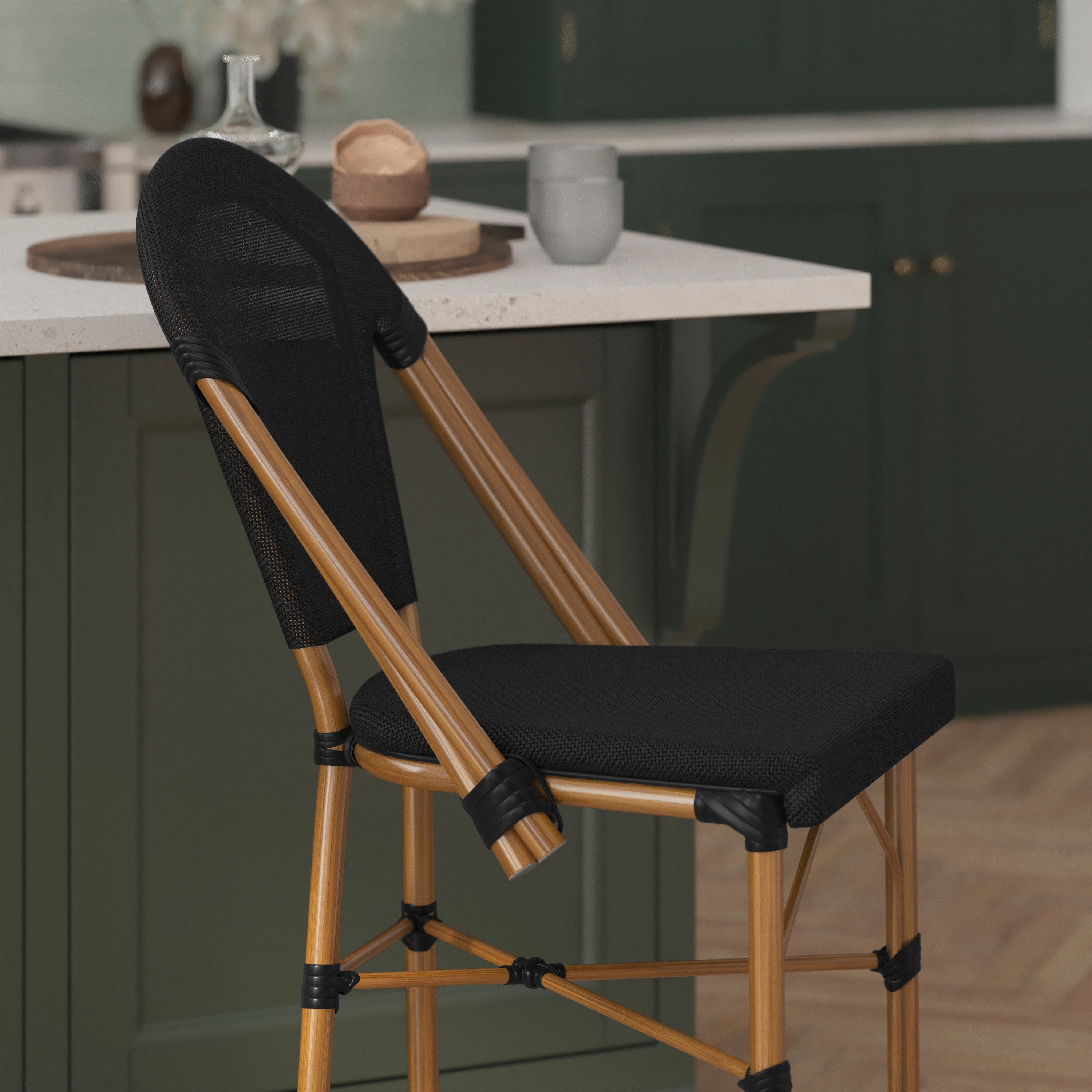 Marseille Stackable Indoor/Outdoor Bistro 26" High Counter Height Stool, Commercial Grade, Black and Bamboo Finish