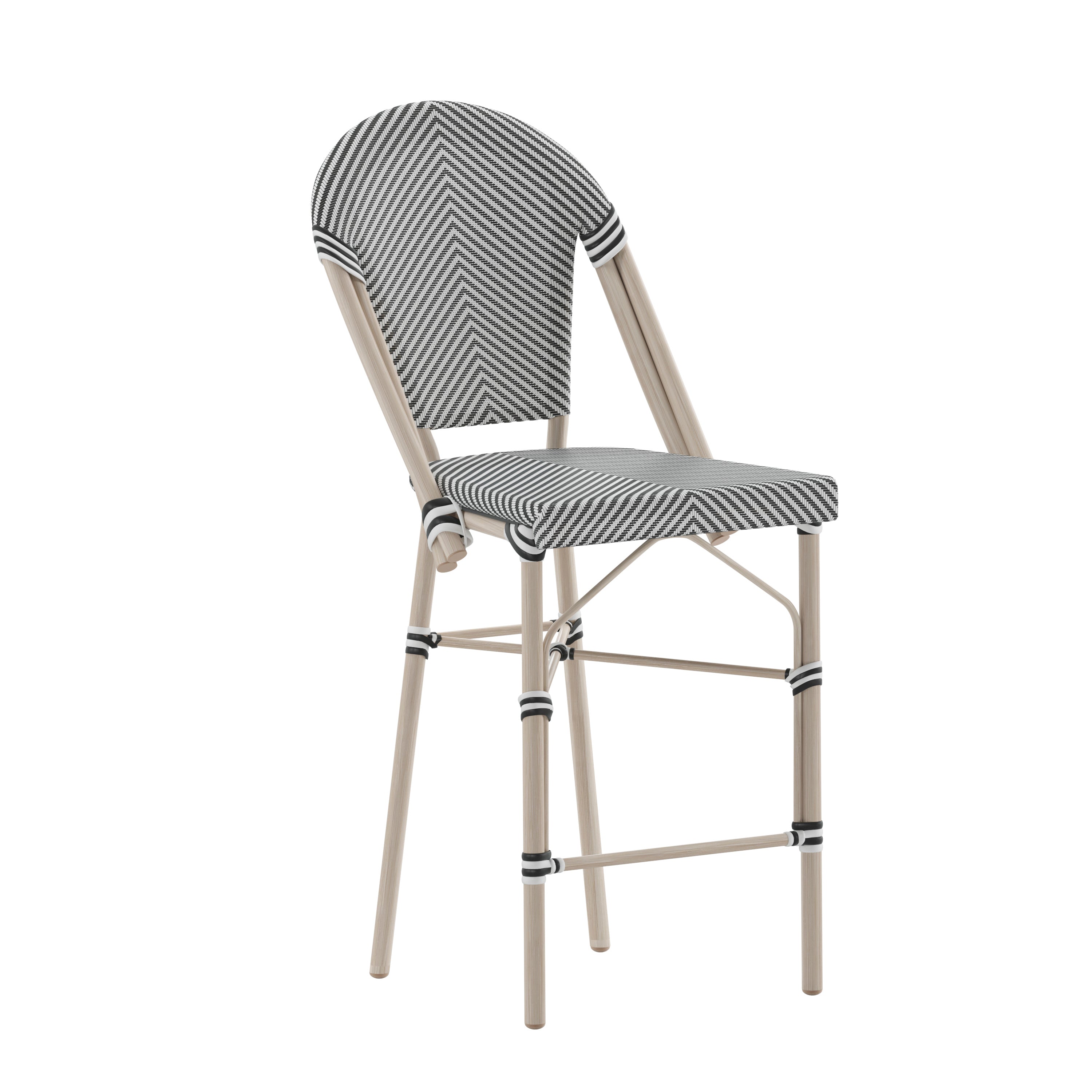 Marseille Stackable Indoor/Outdoor Bistro 26" High Counter Height Stool, Commercial Grade, Black/White and Light Bamboo Finish
