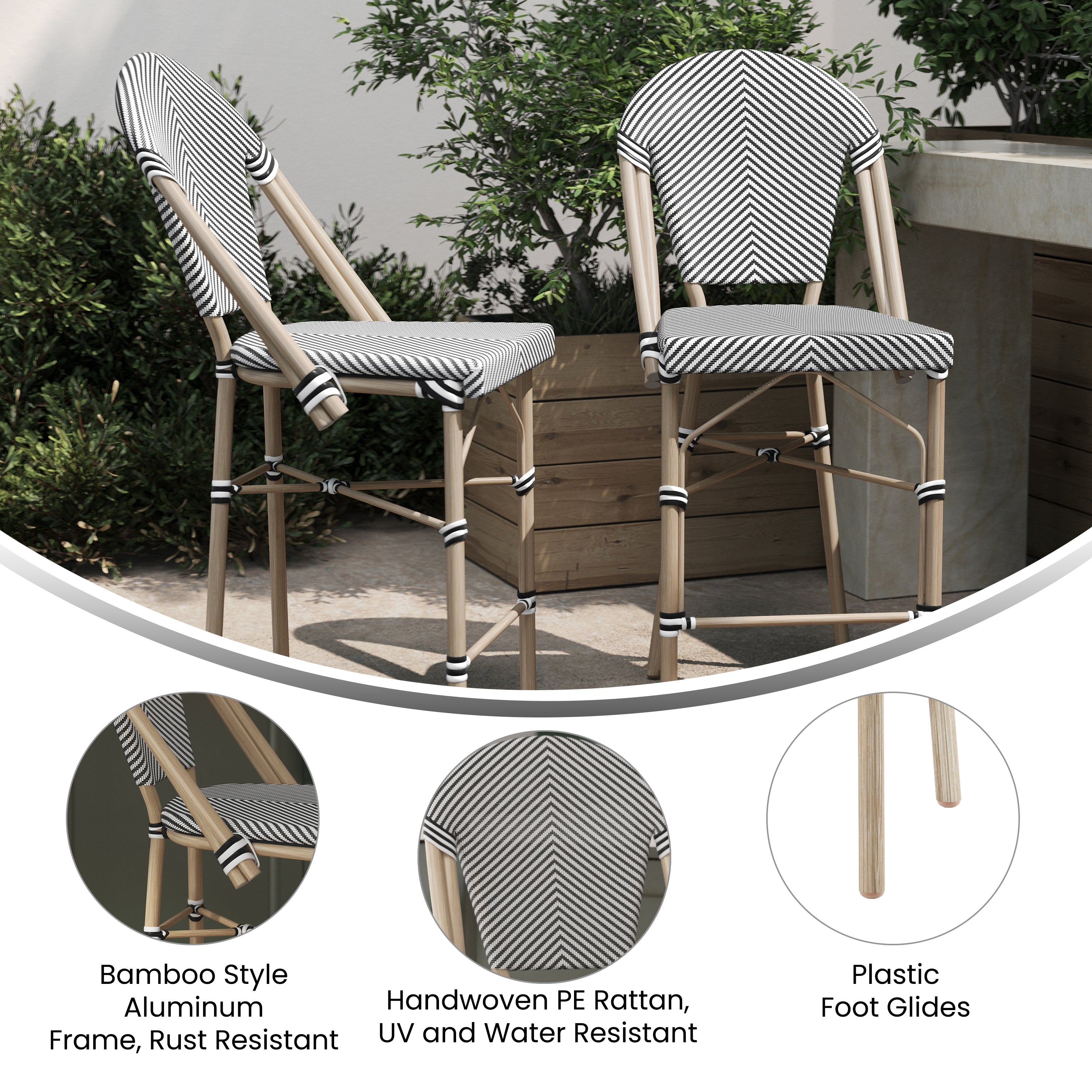 Marseille Stackable Indoor/Outdoor Bistro 26" High Counter Height Stool, Commercial Grade, Black/White and Light Bamboo Finish