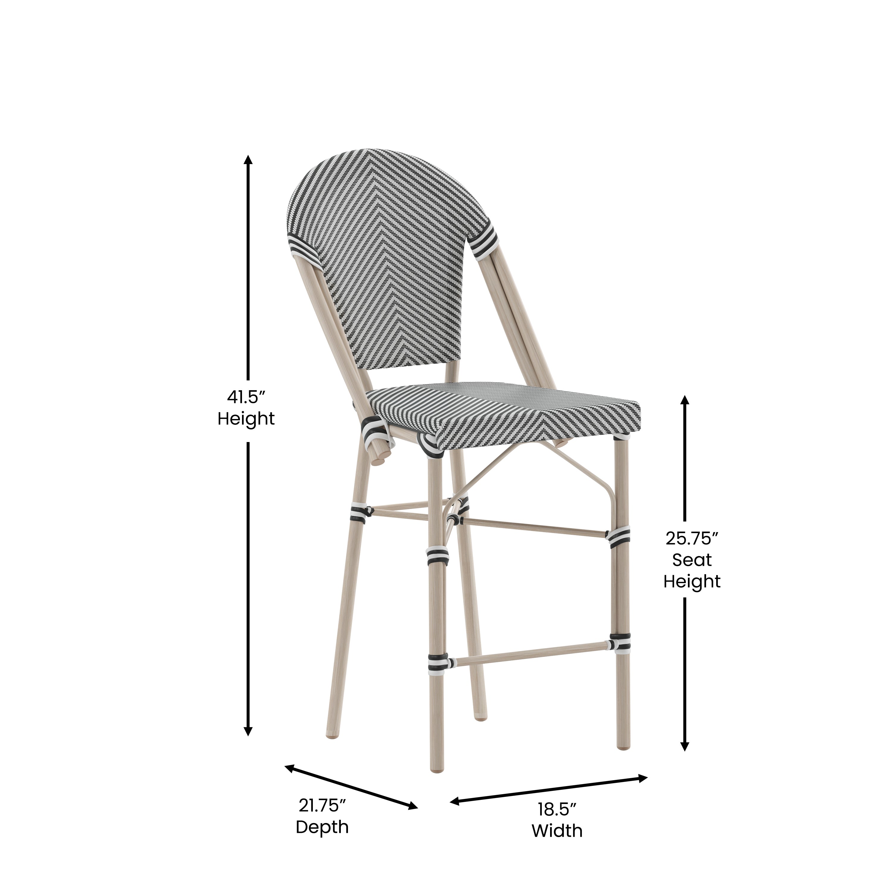 Marseille Stackable Indoor/Outdoor Bistro 26" High Counter Height Stool, Commercial Grade, Black/White and Light Bamboo Finish