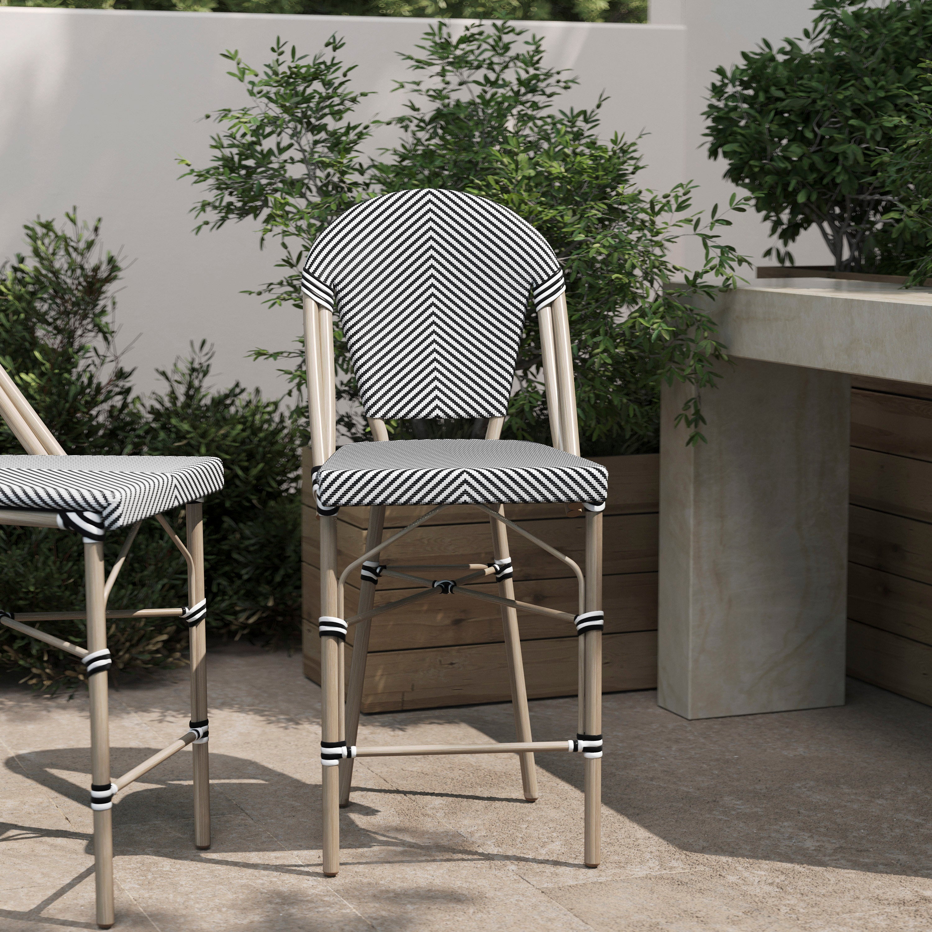 Marseille Stackable Indoor/Outdoor Bistro 26" High Counter Height Stool, Commercial Grade, Black/White and Light Bamboo Finish