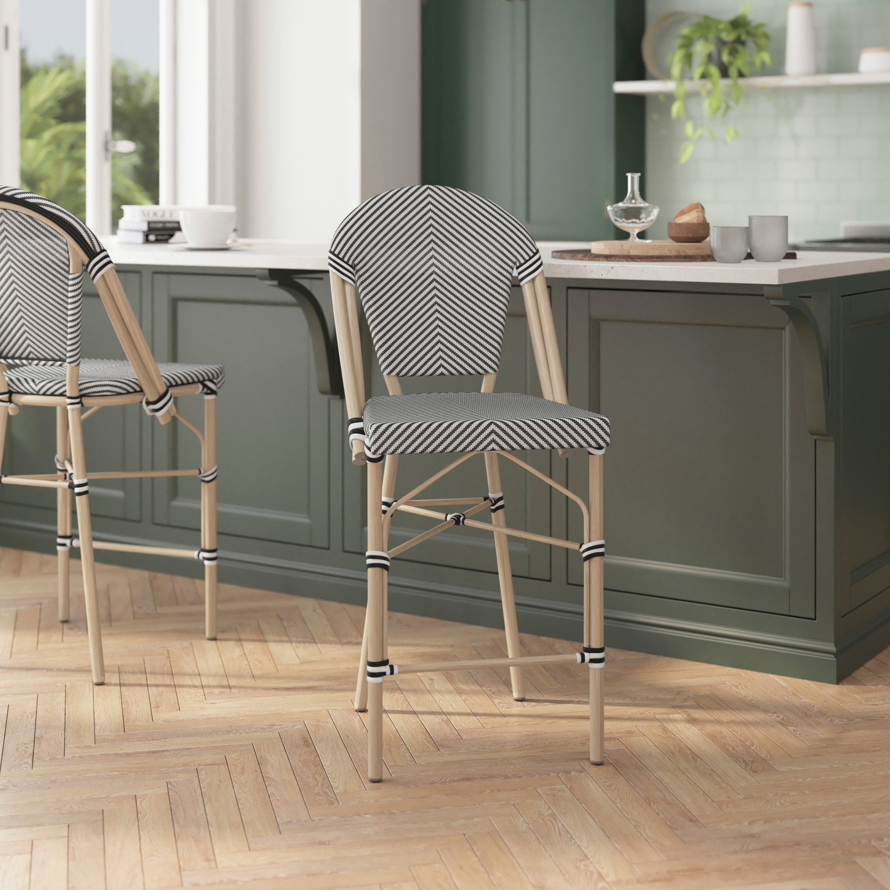 Marseille Stackable Indoor/Outdoor Bistro 26" High Counter Height Stool, Commercial Grade, Black/White and Light Bamboo Finish