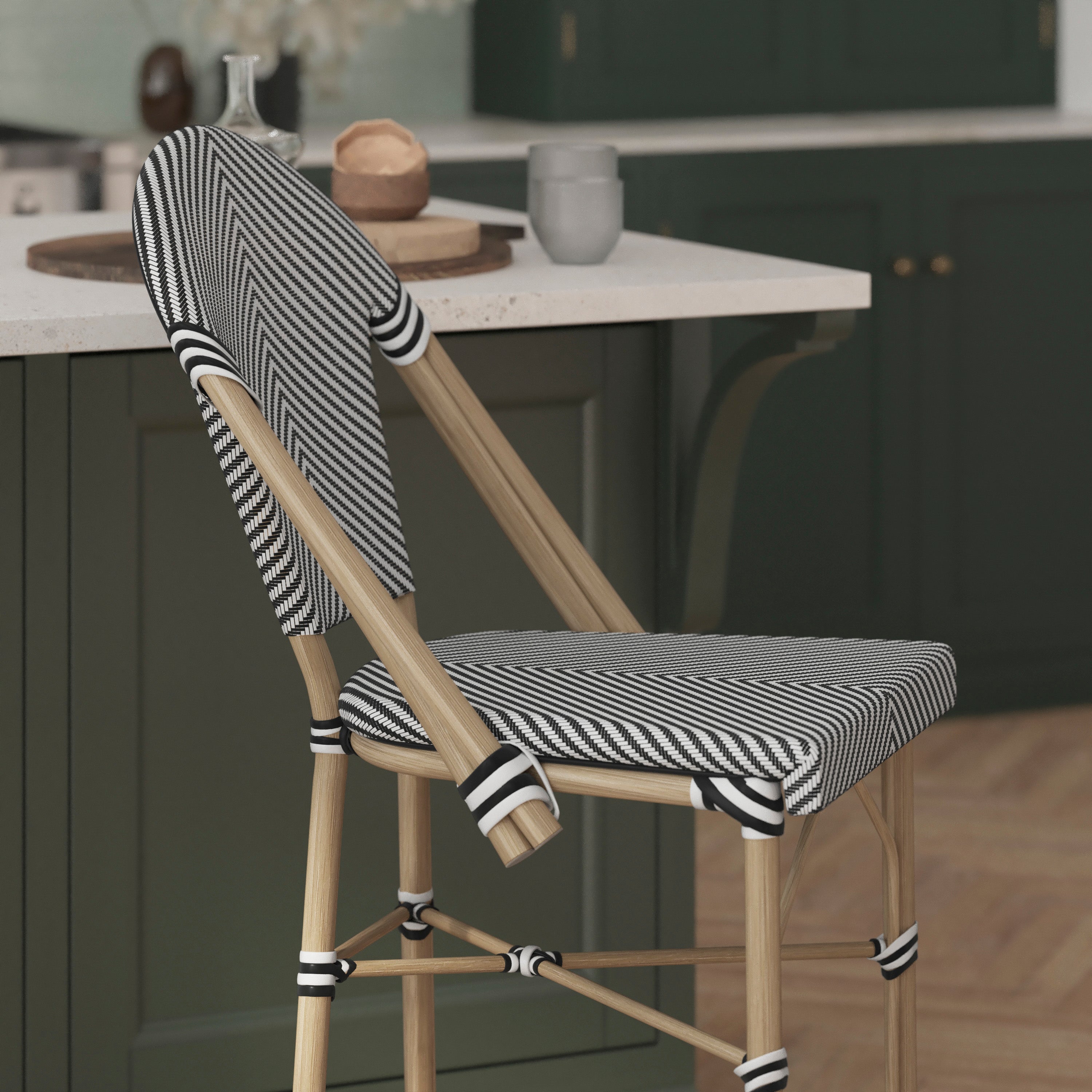 Marseille Stackable Indoor/Outdoor Bistro 26" High Counter Height Stool, Commercial Grade, Black/White and Light Bamboo Finish