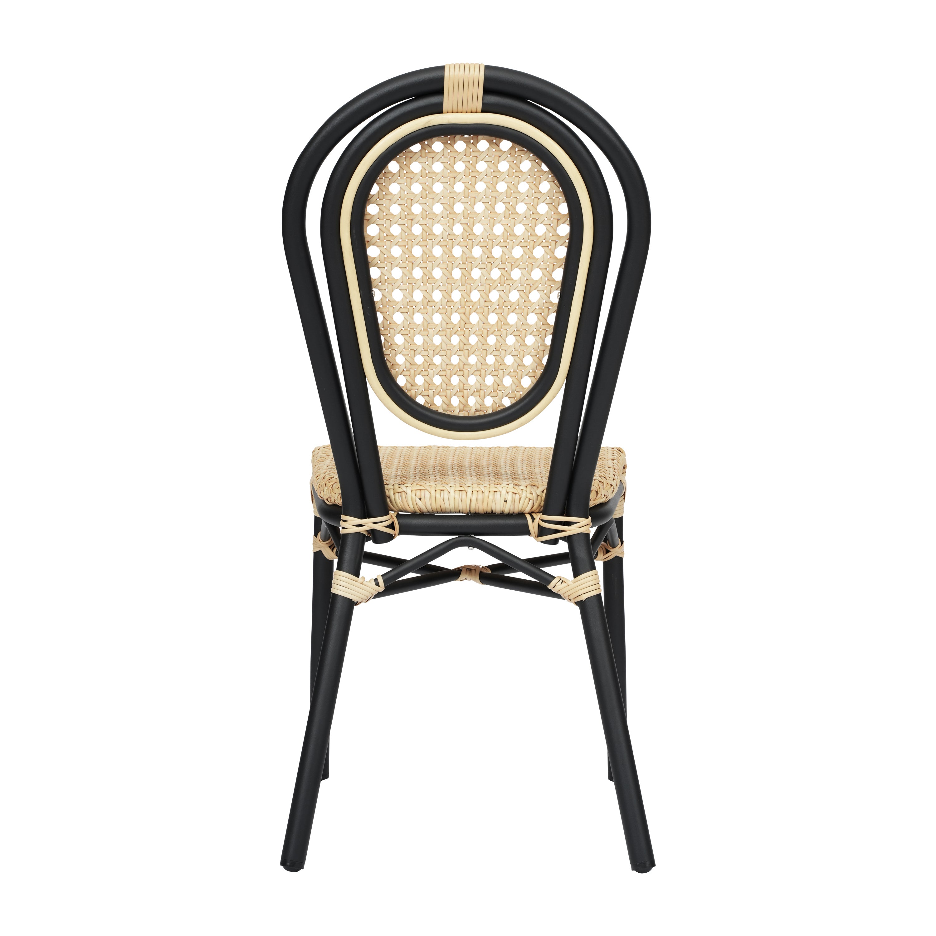Cannes Indoor/Outdoor Commercial Thonet Bistro Stacking Chair, Natural PE Cane Rattan and Black Aluminum Frame
