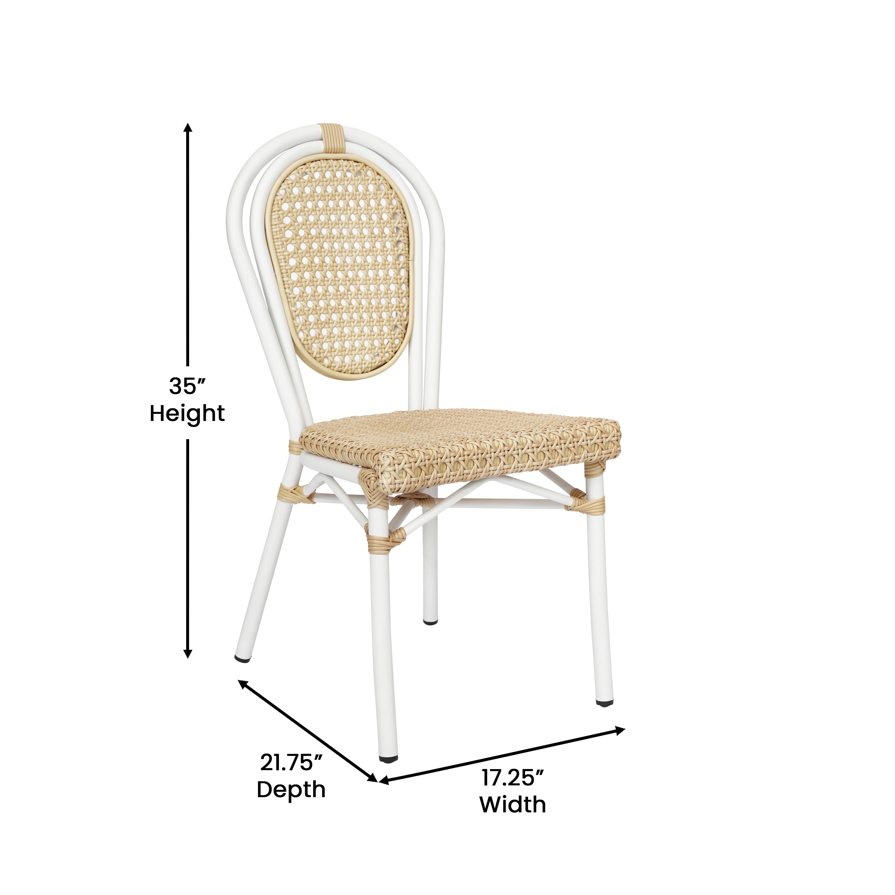 Cannes Indoor/Outdoor Commercial Thonet Bistro Stacking Chair, Natural PE Cane Rattan and White Aluminum Frame
