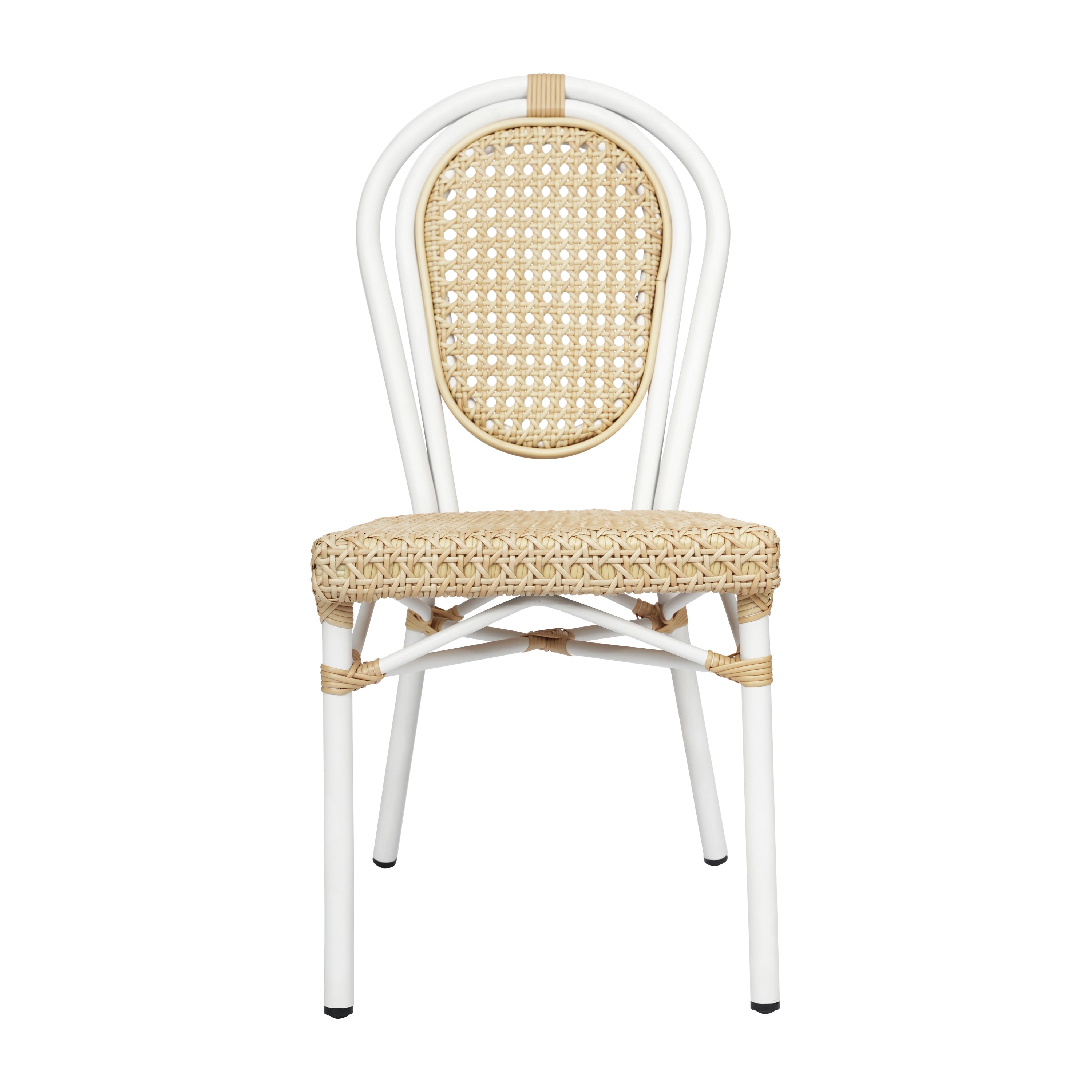 Cannes Indoor/Outdoor Commercial Thonet Bistro Stacking Chair, Natural PE Cane Rattan and White Aluminum Frame