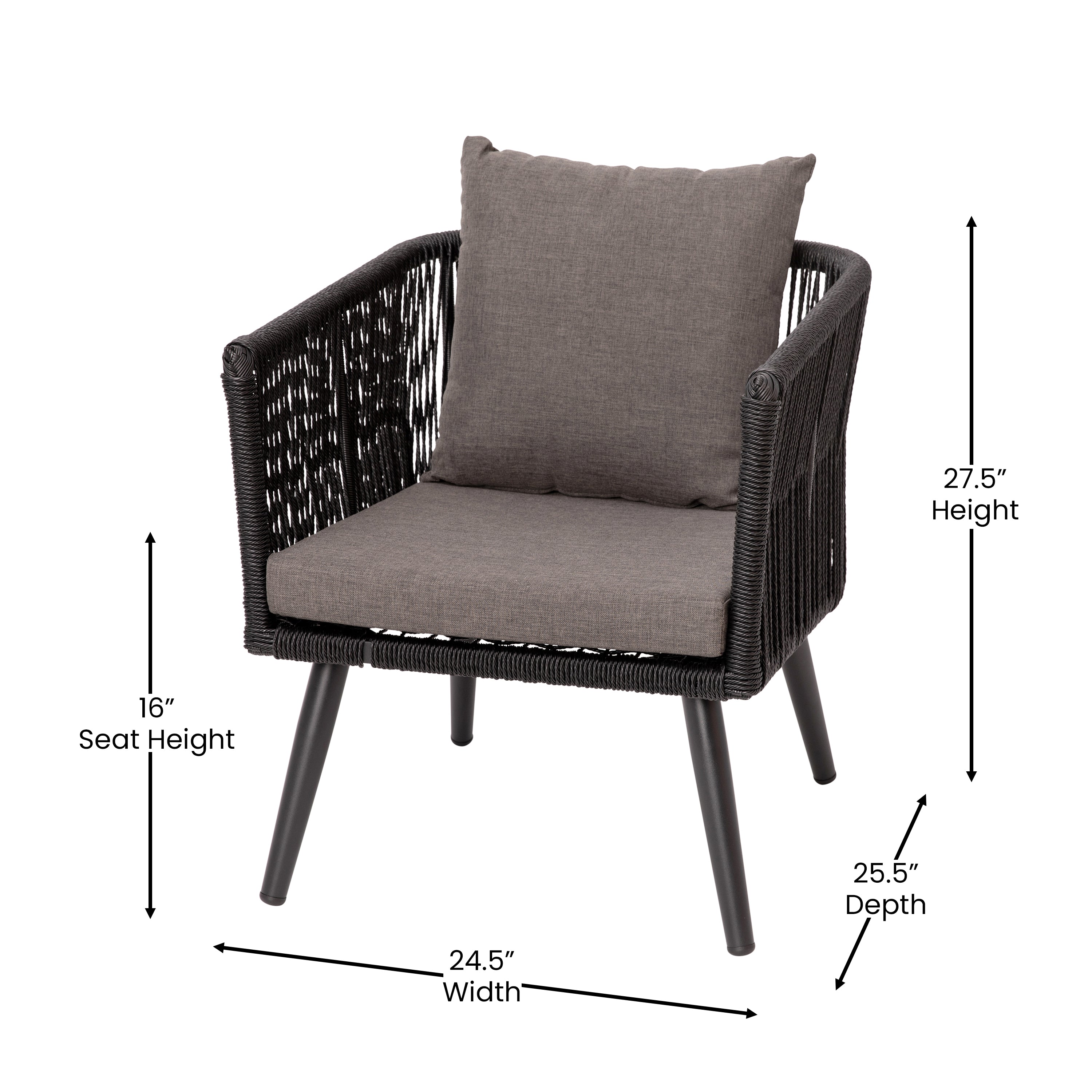 Kierra Black All-Weather 4-Piece Woven Conversation Set with Gray Zippered Removable Cushions & Metal Coffee Table