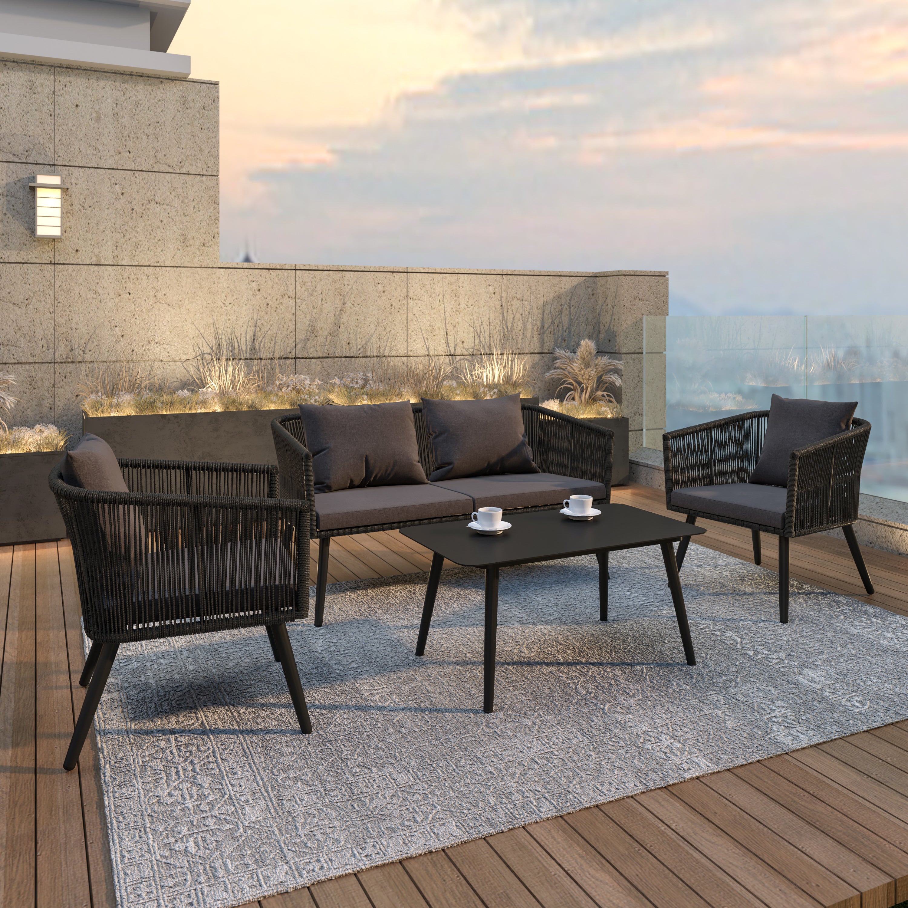Kierra Black All-Weather 4-Piece Woven Conversation Set with Gray Zippered Removable Cushions & Metal Coffee Table