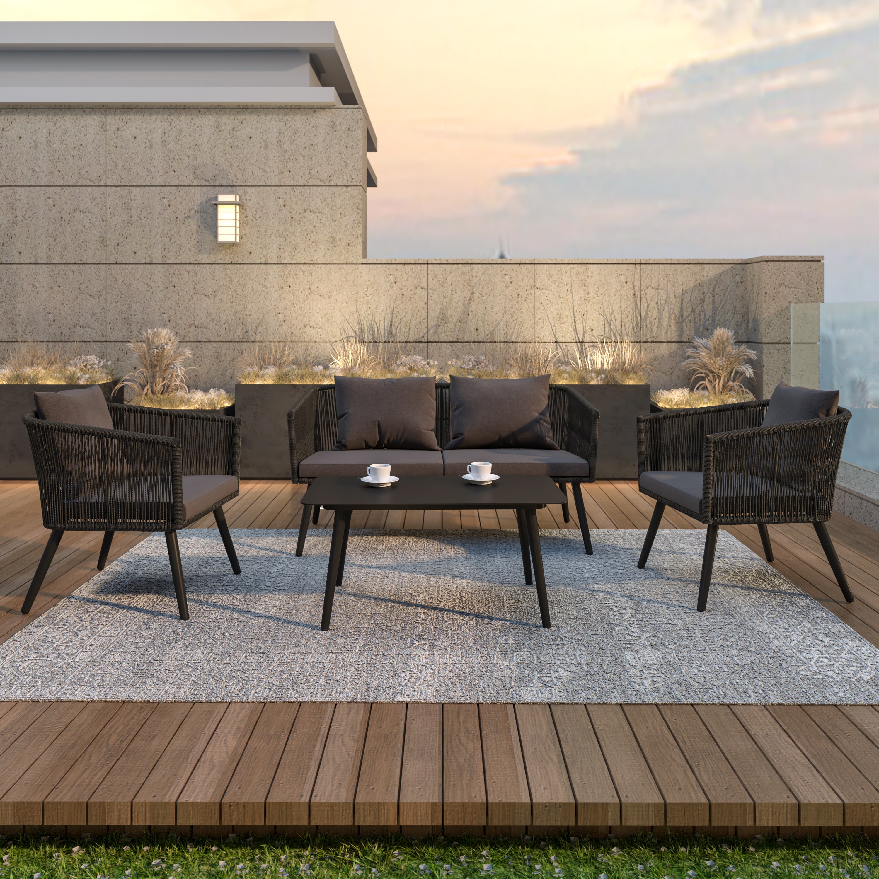 Kierra Black All-Weather 4-Piece Woven Conversation Set with Gray Zippered Removable Cushions & Metal Coffee Table