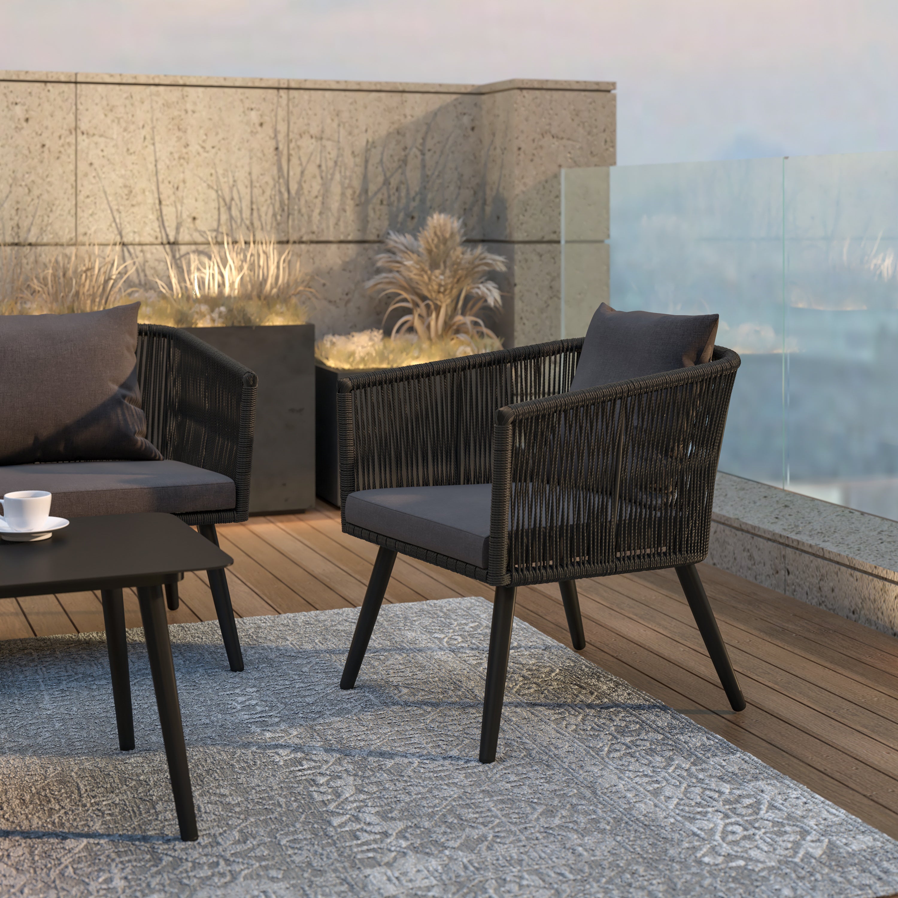 Kierra Black All-Weather 4-Piece Woven Conversation Set with Gray Zippered Removable Cushions & Metal Coffee Table
