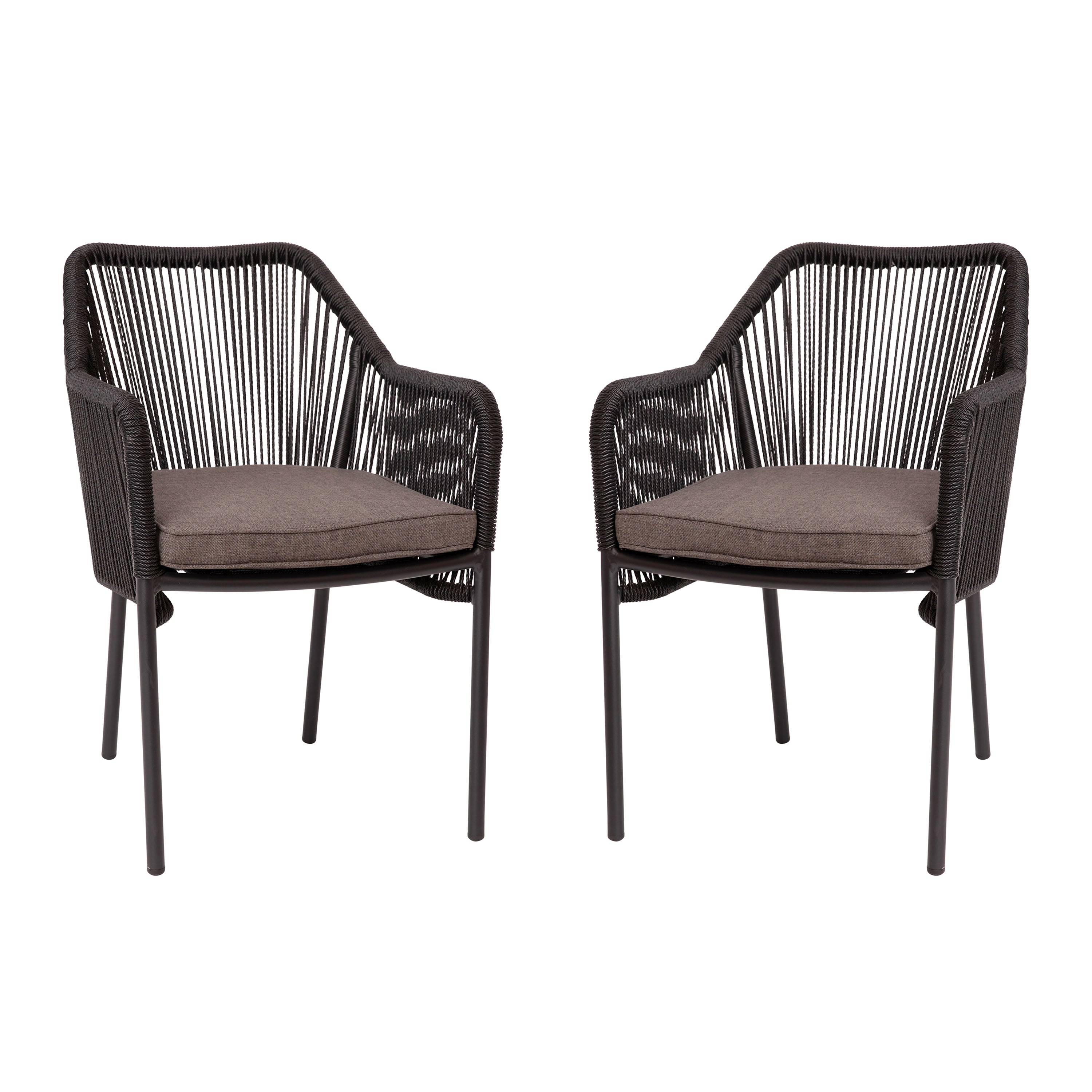 Kallie Set of 2 All-Weather Black Woven Stacking Club Chairs with Rounded Arms & Gray Zippered Seat Cushions