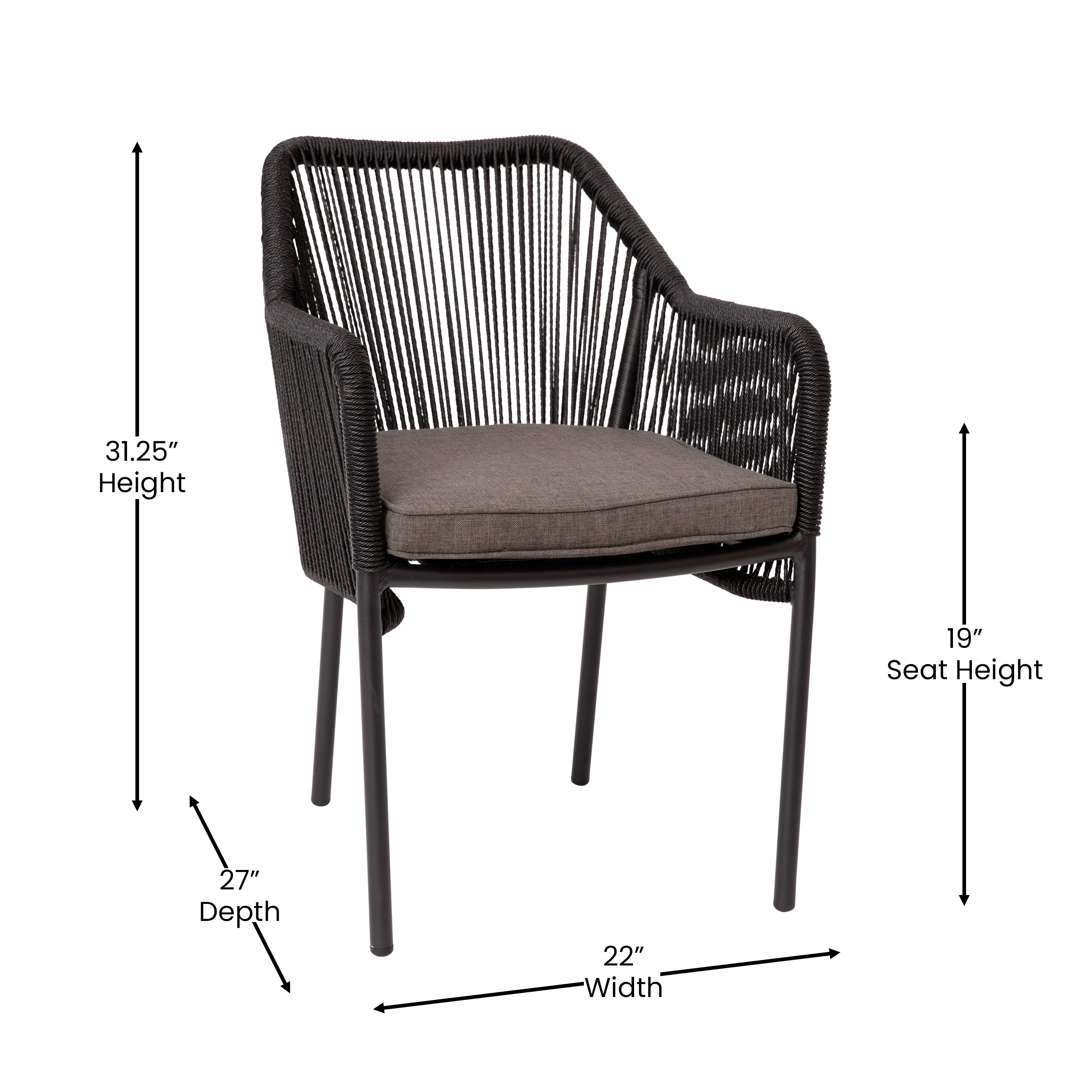 Kallie Set of 2 All-Weather Black Woven Stacking Club Chairs with Rounded Arms & Gray Zippered Seat Cushions