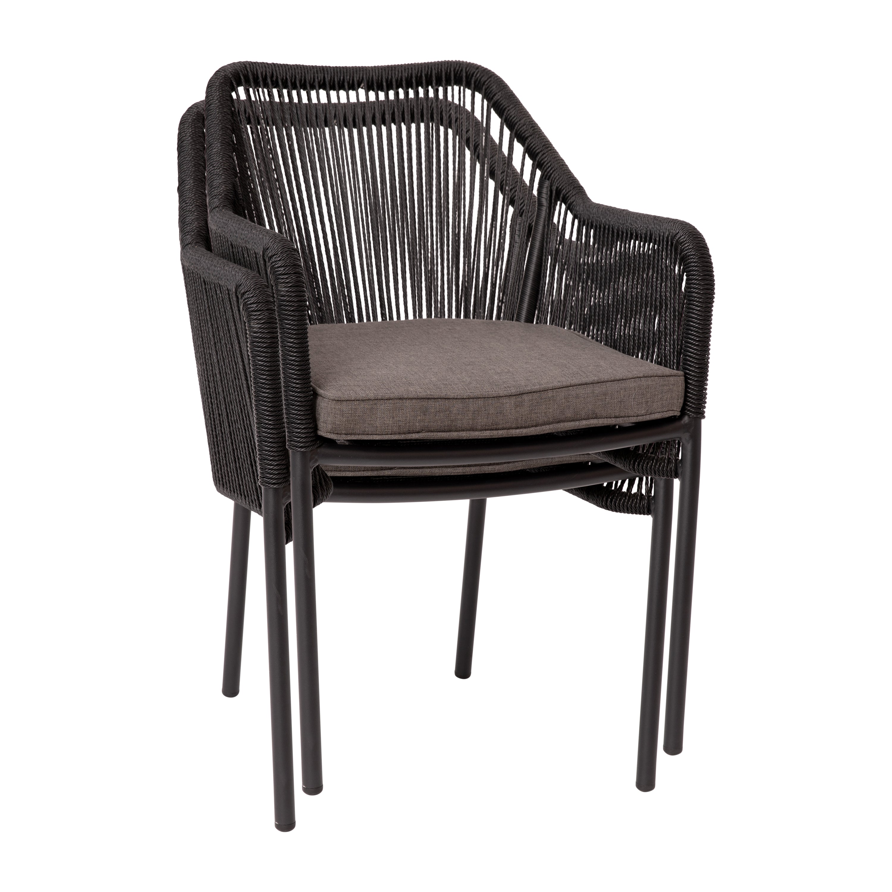 Kallie Set of 2 All-Weather Black Woven Stacking Club Chairs with Rounded Arms & Gray Zippered Seat Cushions