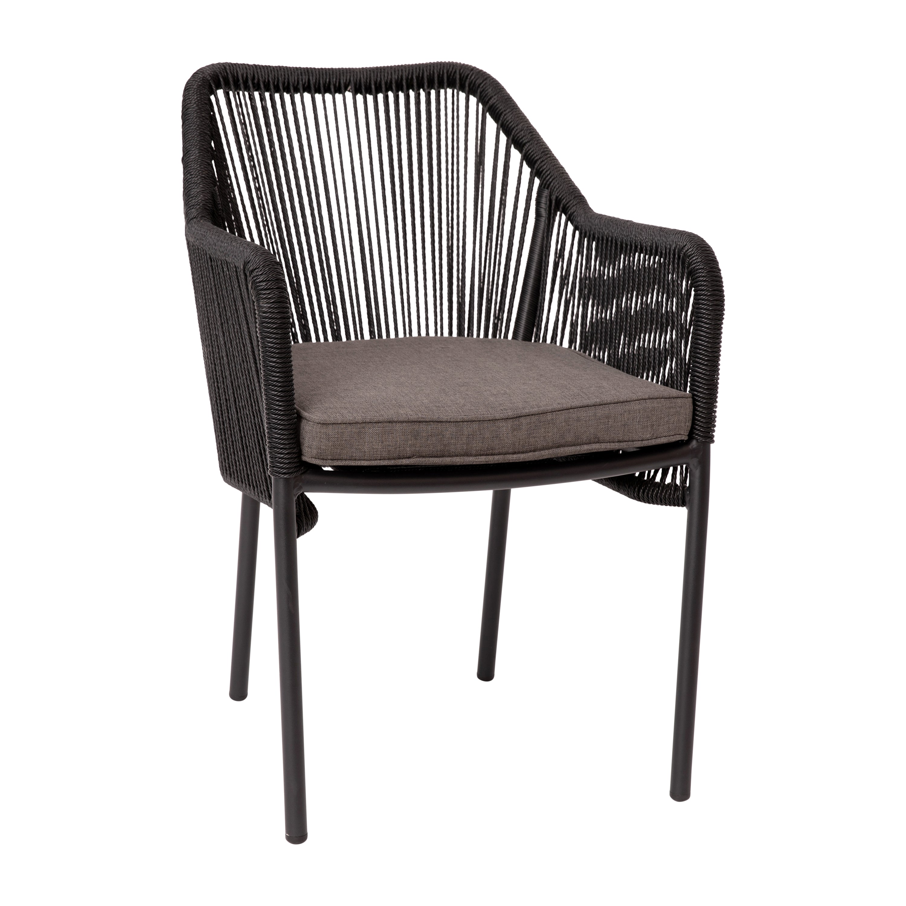 Kallie Set of 2 All-Weather Black Woven Stacking Club Chairs with Rounded Arms & Gray Zippered Seat Cushions