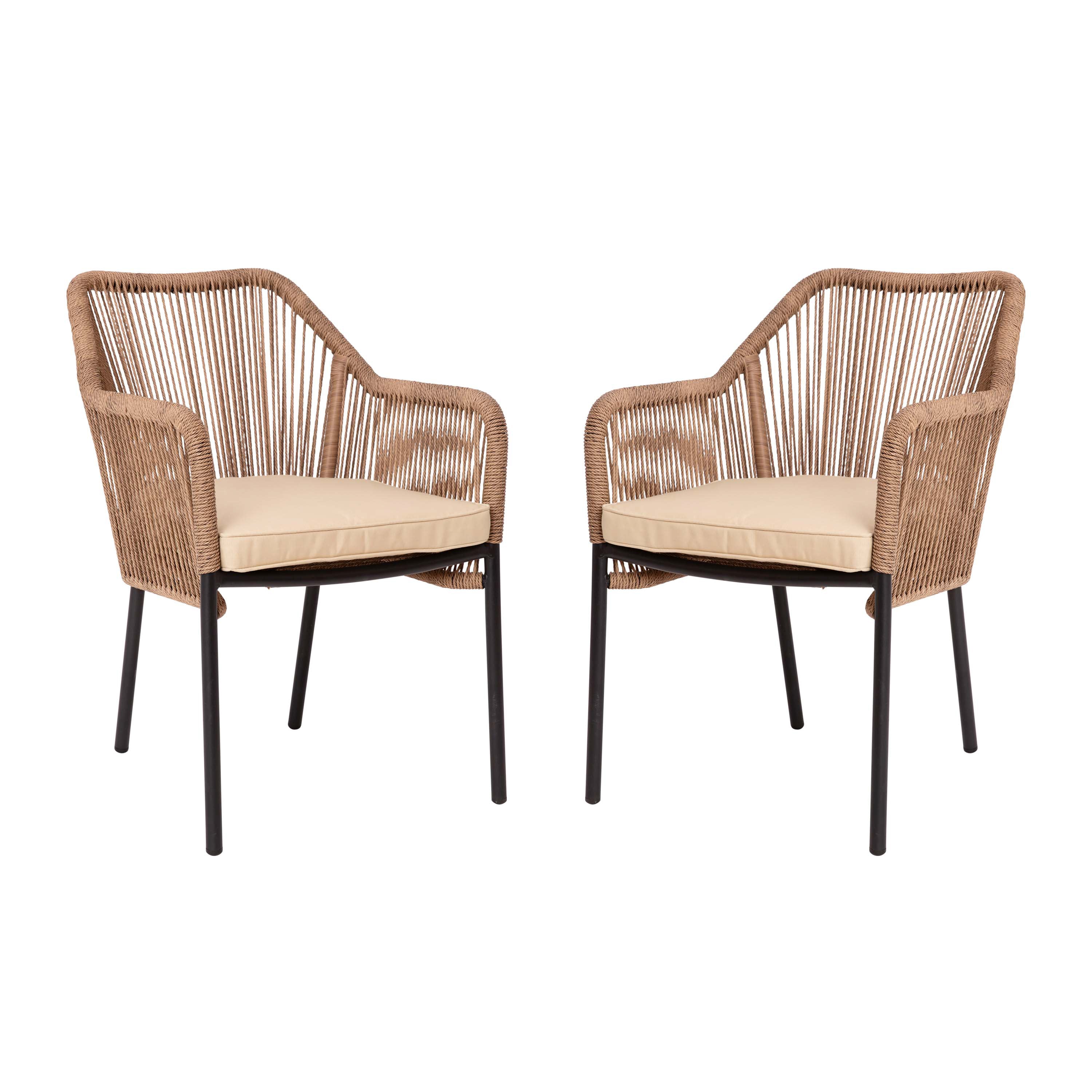 Kallie Set of 2 All-Weather Natural Woven Stacking Club Chairs with Rounded Arms & Ivory Zippered Seat Cushions