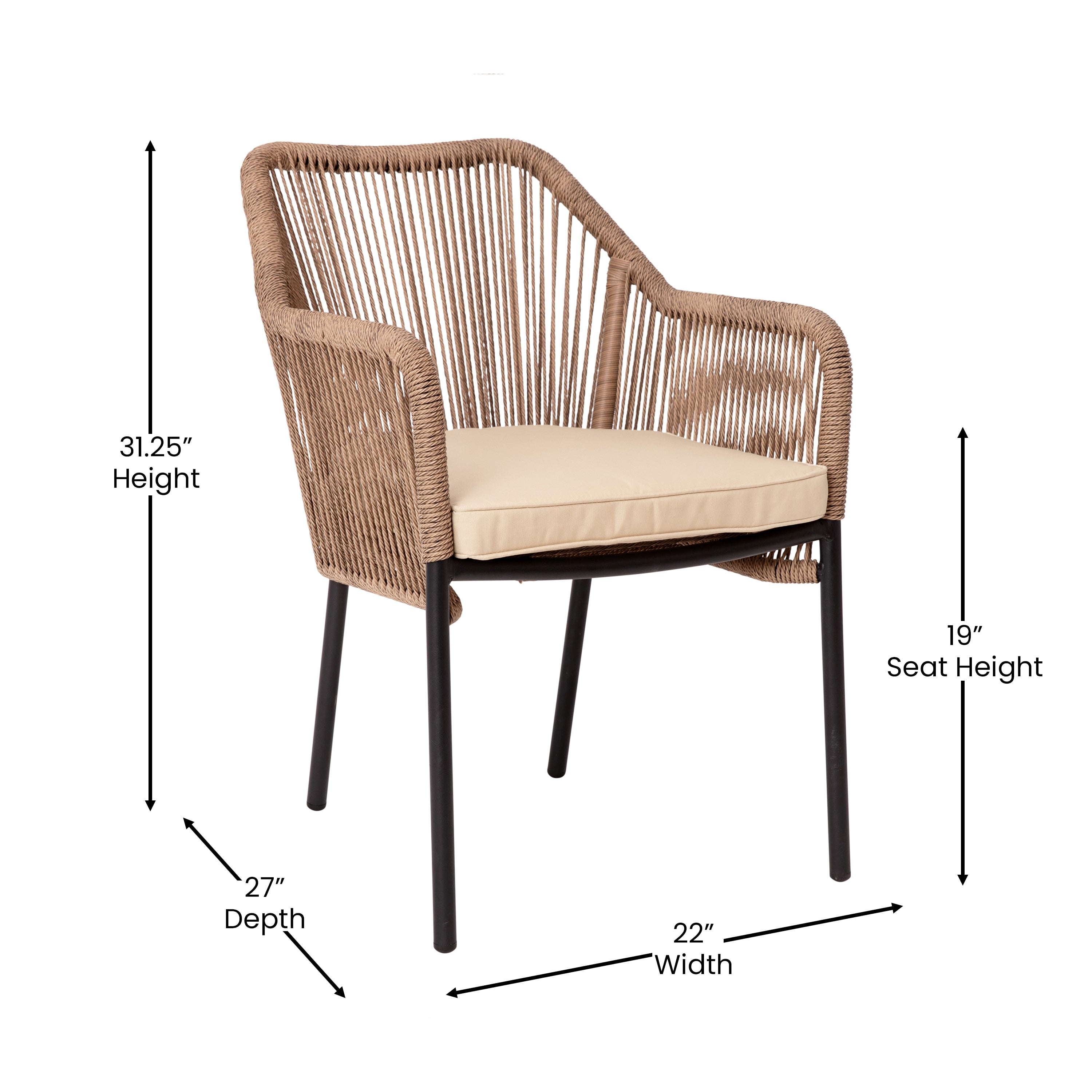 Kallie Set of 2 All-Weather Natural Woven Stacking Club Chairs with Rounded Arms & Ivory Zippered Seat Cushions