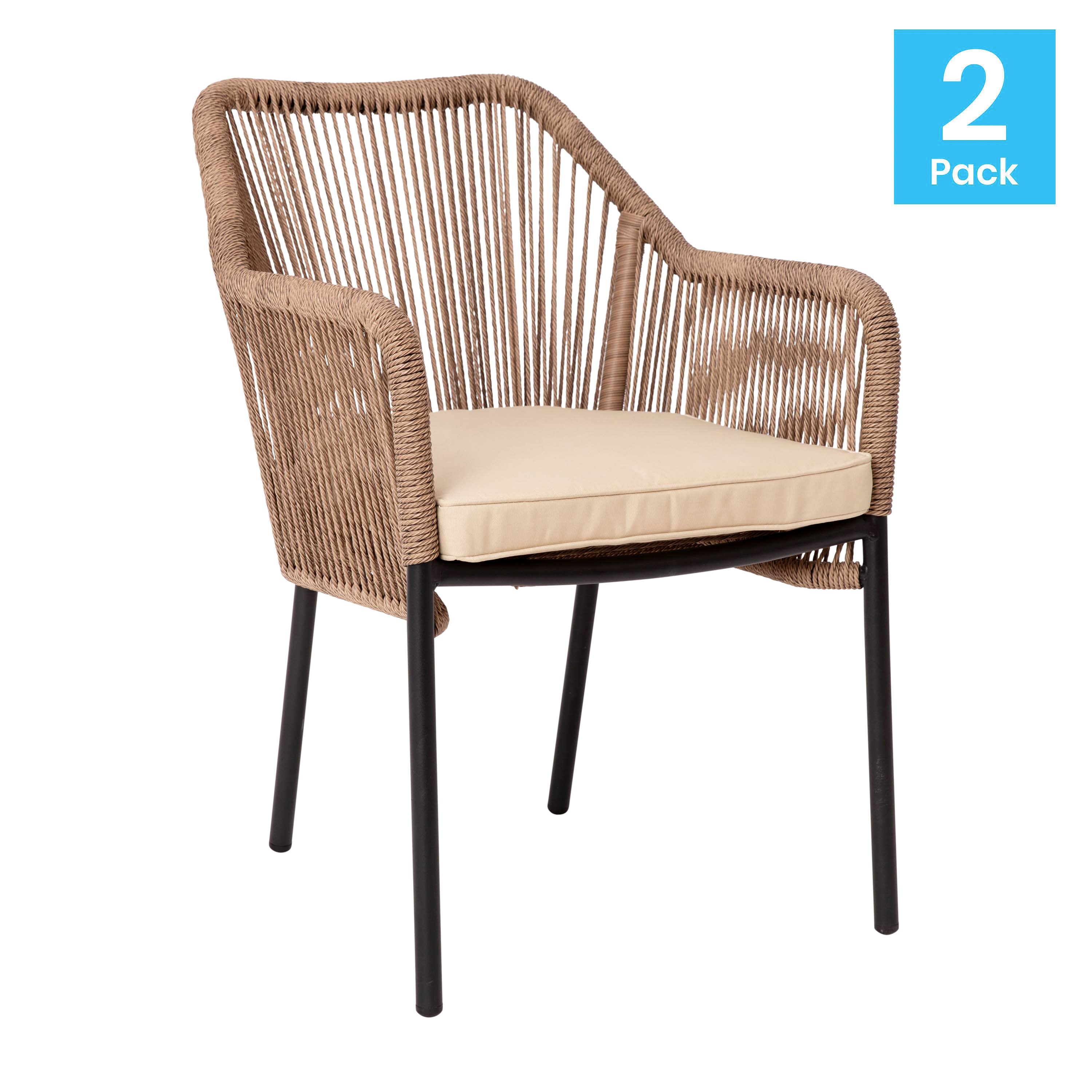 Kallie Set of 2 All-Weather Natural Woven Stacking Club Chairs with Rounded Arms & Ivory Zippered Seat Cushions