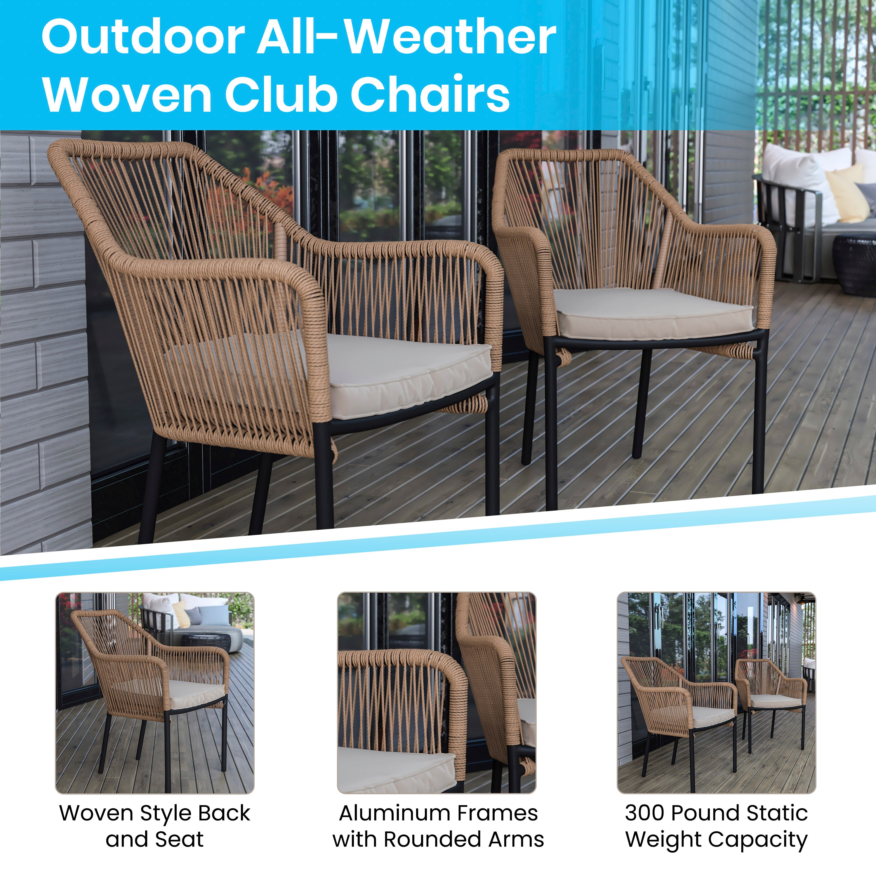 Kallie Set of 2 All-Weather Natural Woven Stacking Club Chairs with Rounded Arms & Ivory Zippered Seat Cushions