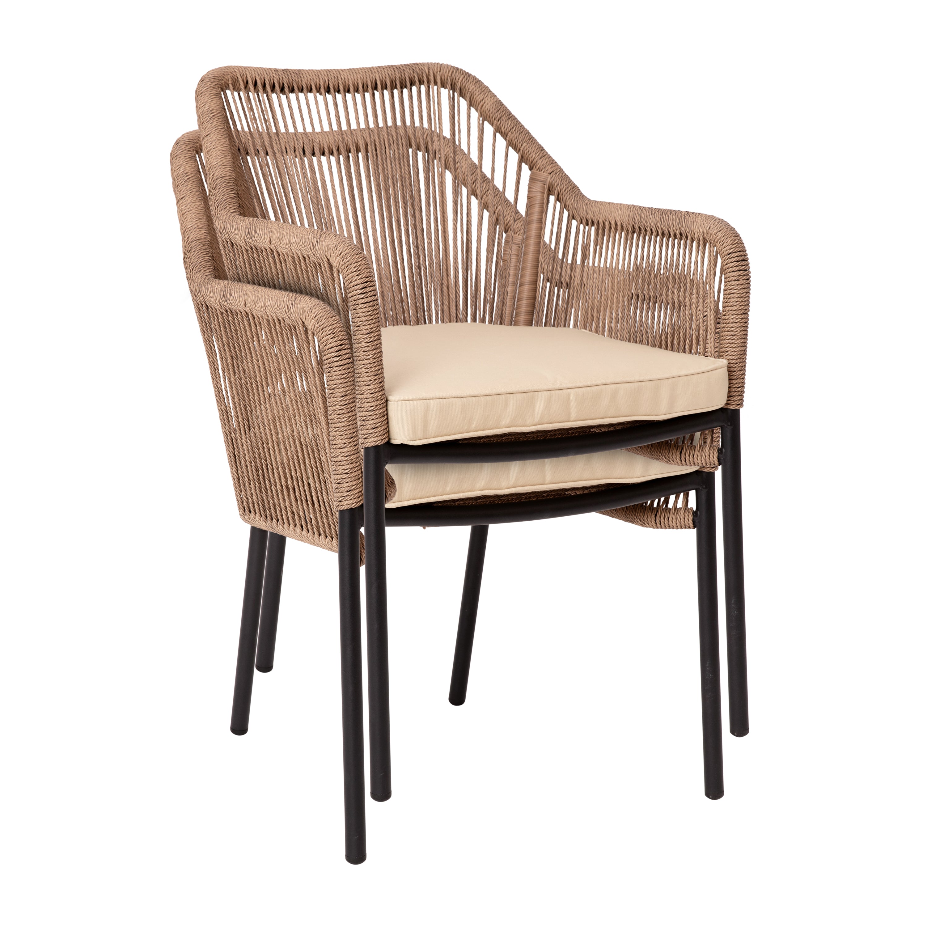 Kallie Set of 2 All-Weather Natural Woven Stacking Club Chairs with Rounded Arms & Ivory Zippered Seat Cushions