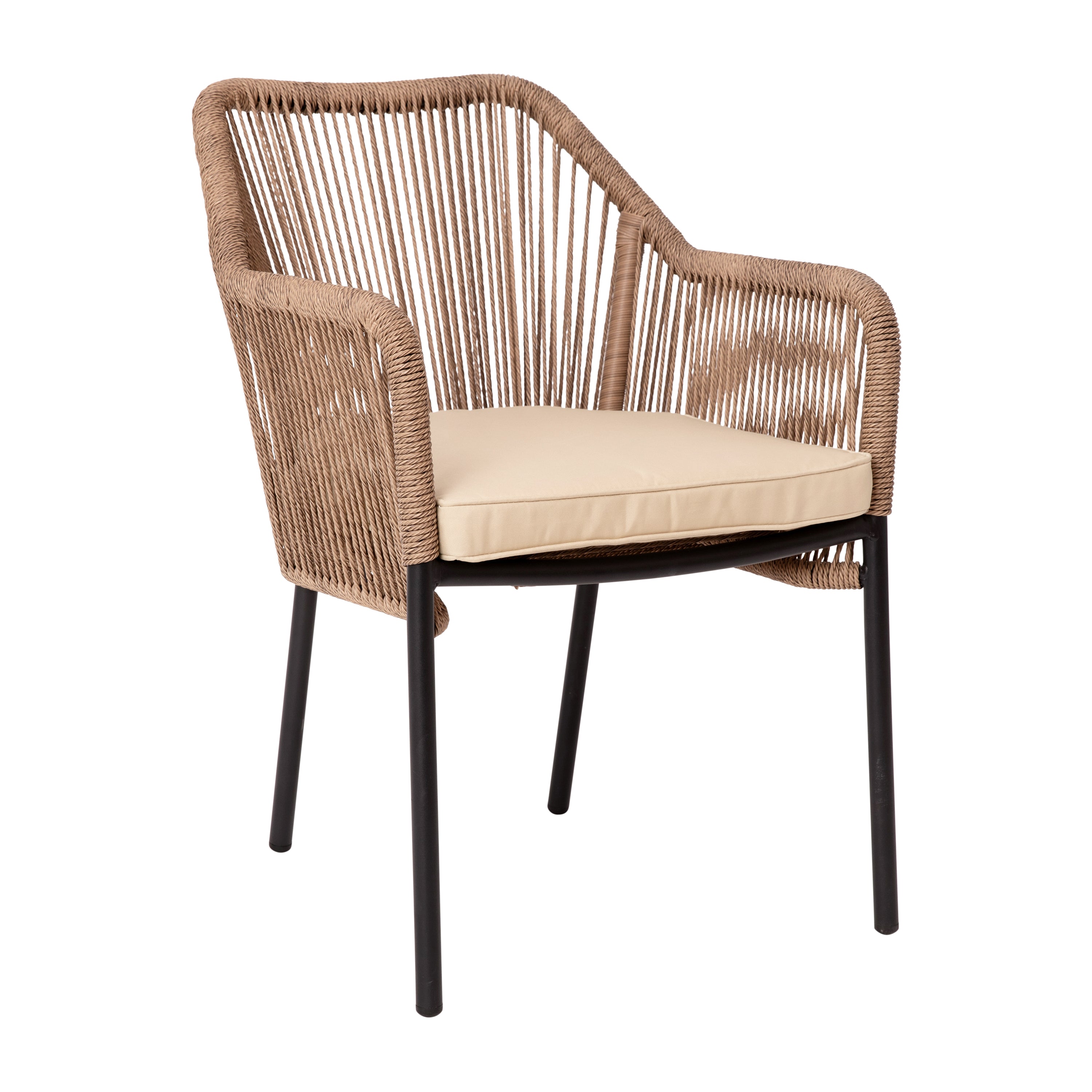 Kallie Set of 2 All-Weather Natural Woven Stacking Club Chairs with Rounded Arms & Ivory Zippered Seat Cushions