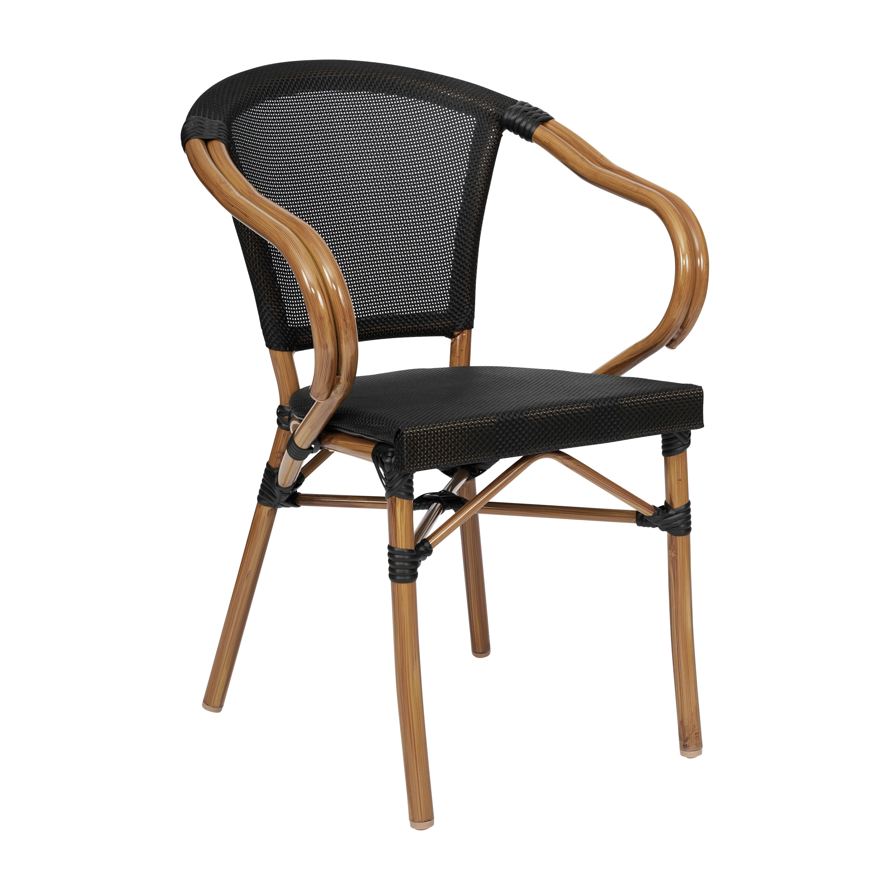 Marseille Indoor/Outdoor Commercial Bistro Stacking Chair with Arms, Black Textilene and Bamboo Print Aluminum Frame in Natural