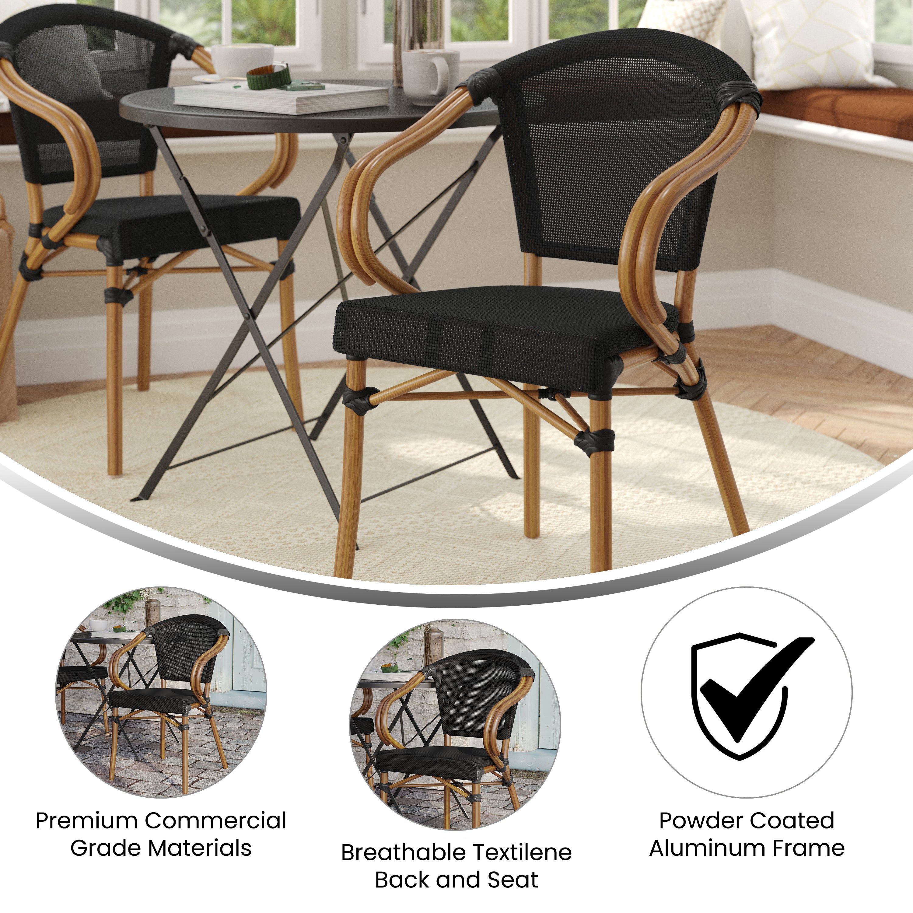 Marseille Indoor/Outdoor Commercial Bistro Stacking Chair with Arms, Black Textilene and Bamboo Print Aluminum Frame in Natural