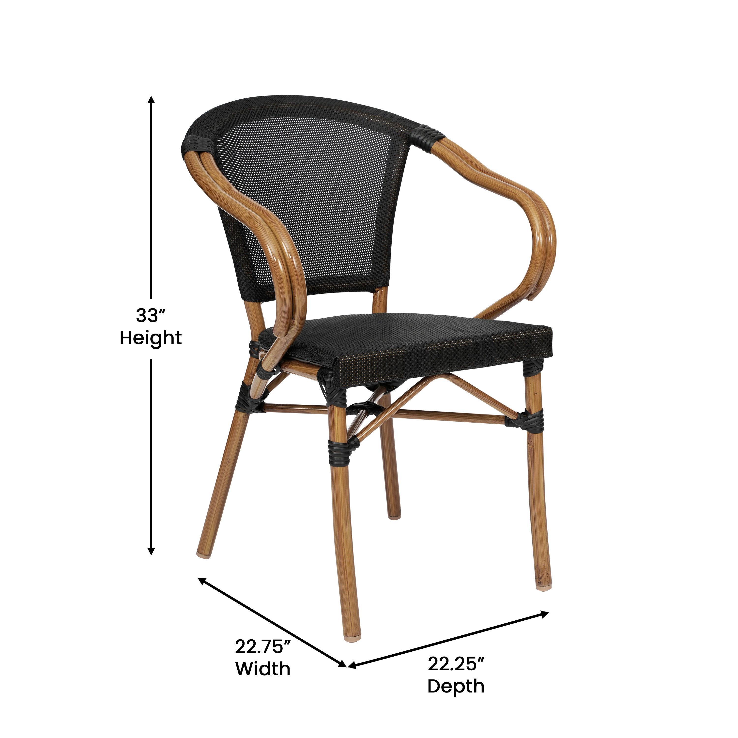 Marseille Indoor/Outdoor Commercial Bistro Stacking Chair with Arms, Black Textilene and Bamboo Print Aluminum Frame in Natural
