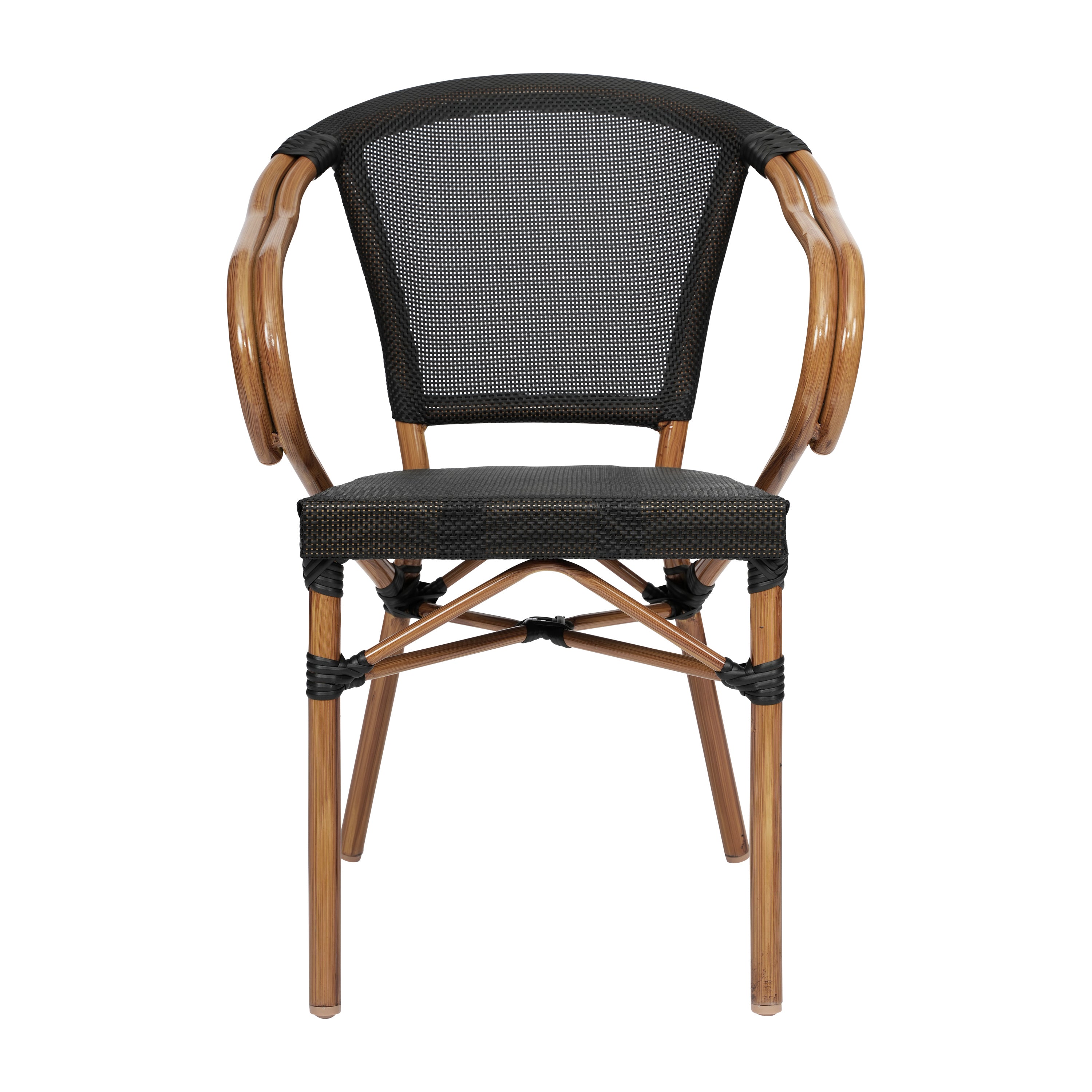 Marseille Indoor/Outdoor Commercial Bistro Stacking Chair with Arms, Black Textilene and Bamboo Print Aluminum Frame in Natural