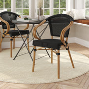 Marseille Indoor/Outdoor Commercial Bistro Stacking Chair with Arms, Black Textilene and Bamboo Print Aluminum Frame in Natural