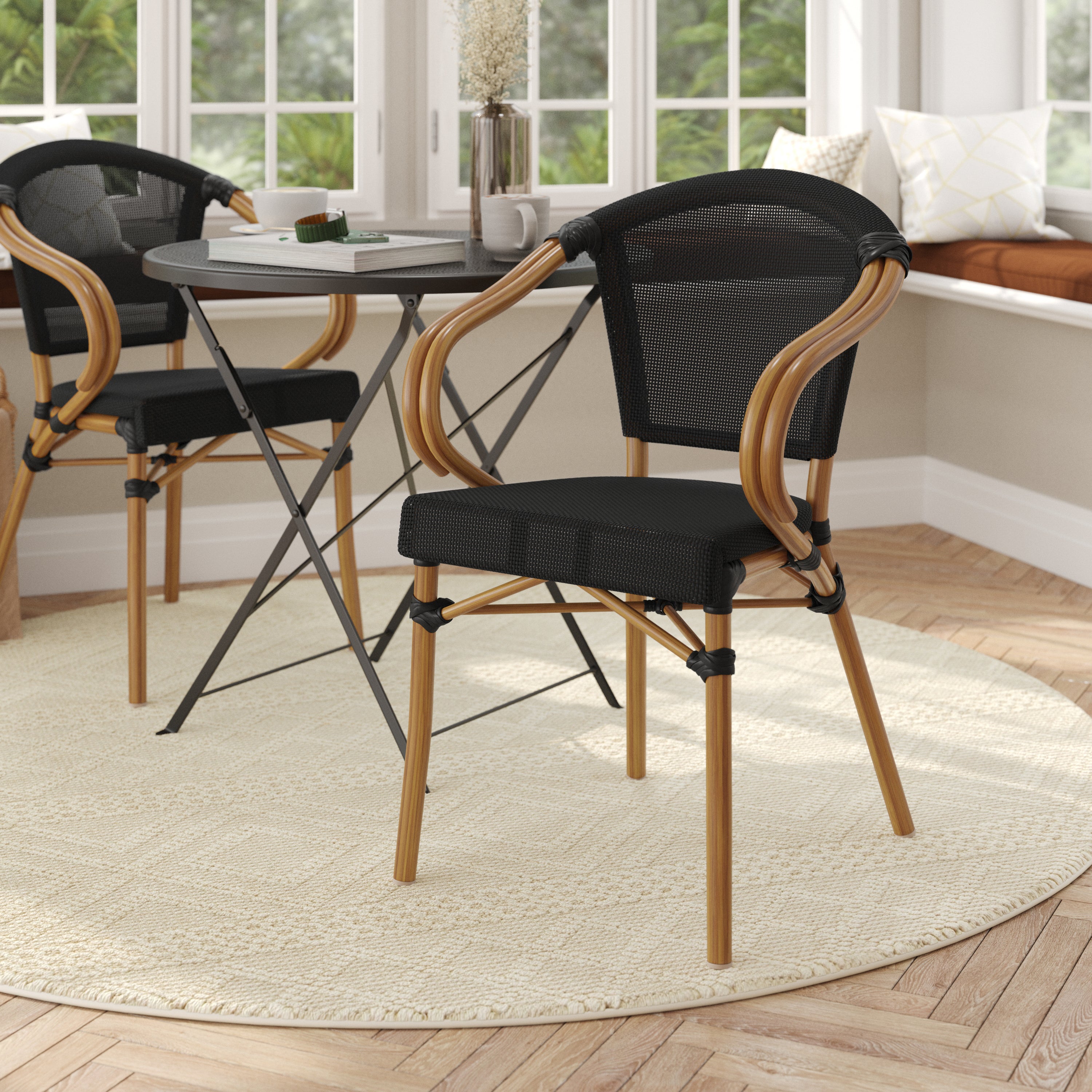 Marseille Indoor/Outdoor Commercial Bistro Stacking Chair with Arms, Black Textilene and Bamboo Print Aluminum Frame in Natural