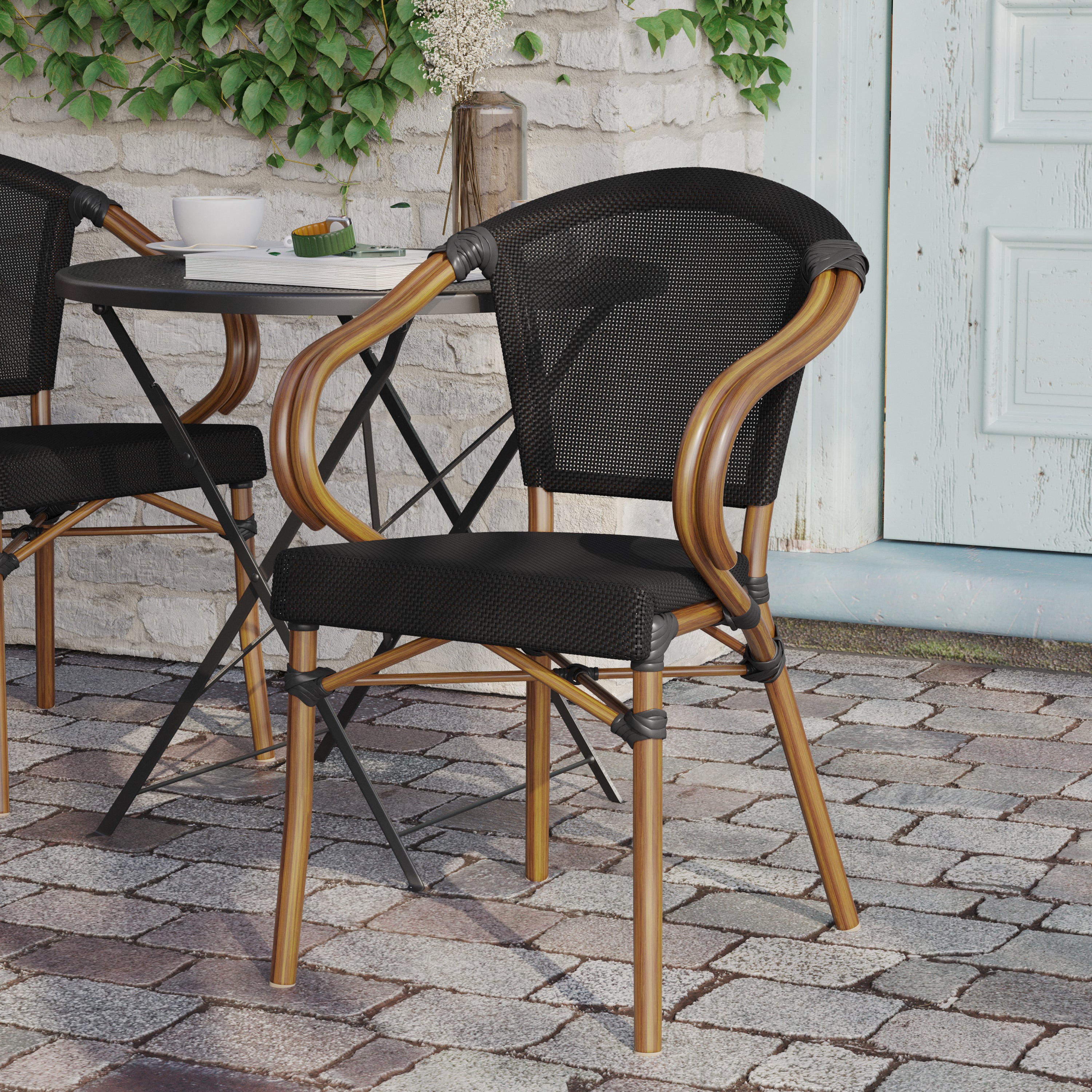 Marseille Indoor/Outdoor Commercial Bistro Stacking Chair with Arms, Black Textilene and Bamboo Print Aluminum Frame in Natural