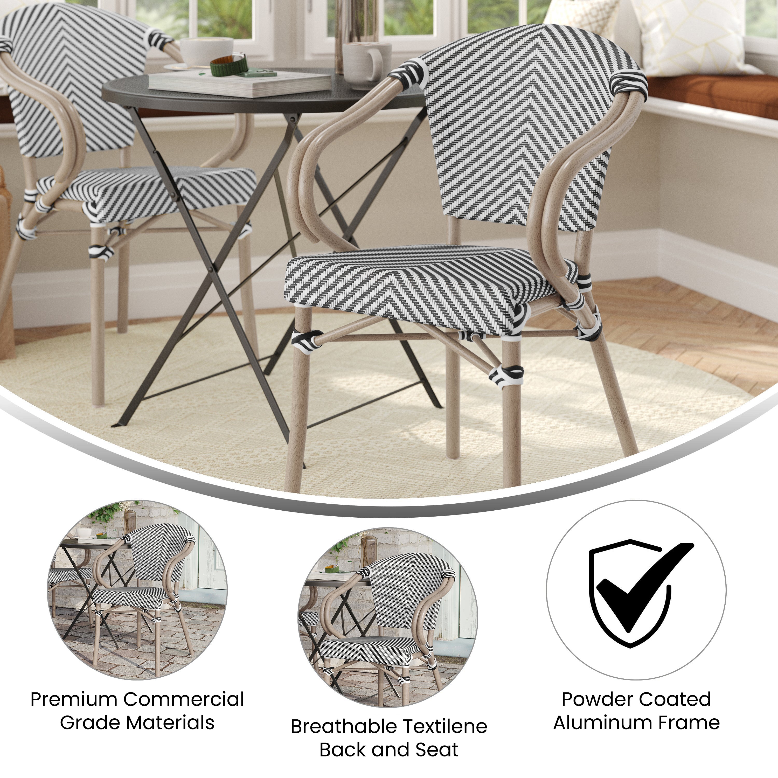 Marseille Indoor/Outdoor Commercial Bistro Stacking Chair with Arms, Black/White Textilene and Bamboo Print Aluminum Frame in LT Natural