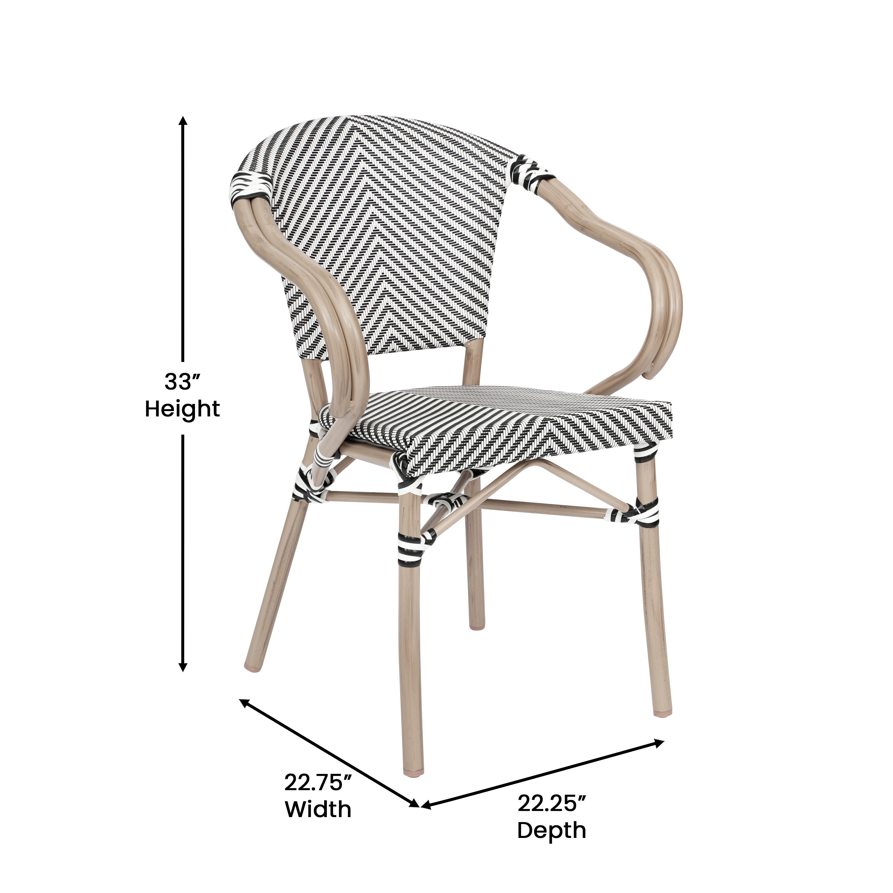 Marseille Indoor/Outdoor Commercial Bistro Stacking Chair with Arms, Black/White Textilene and Bamboo Print Aluminum Frame in LT Natural
