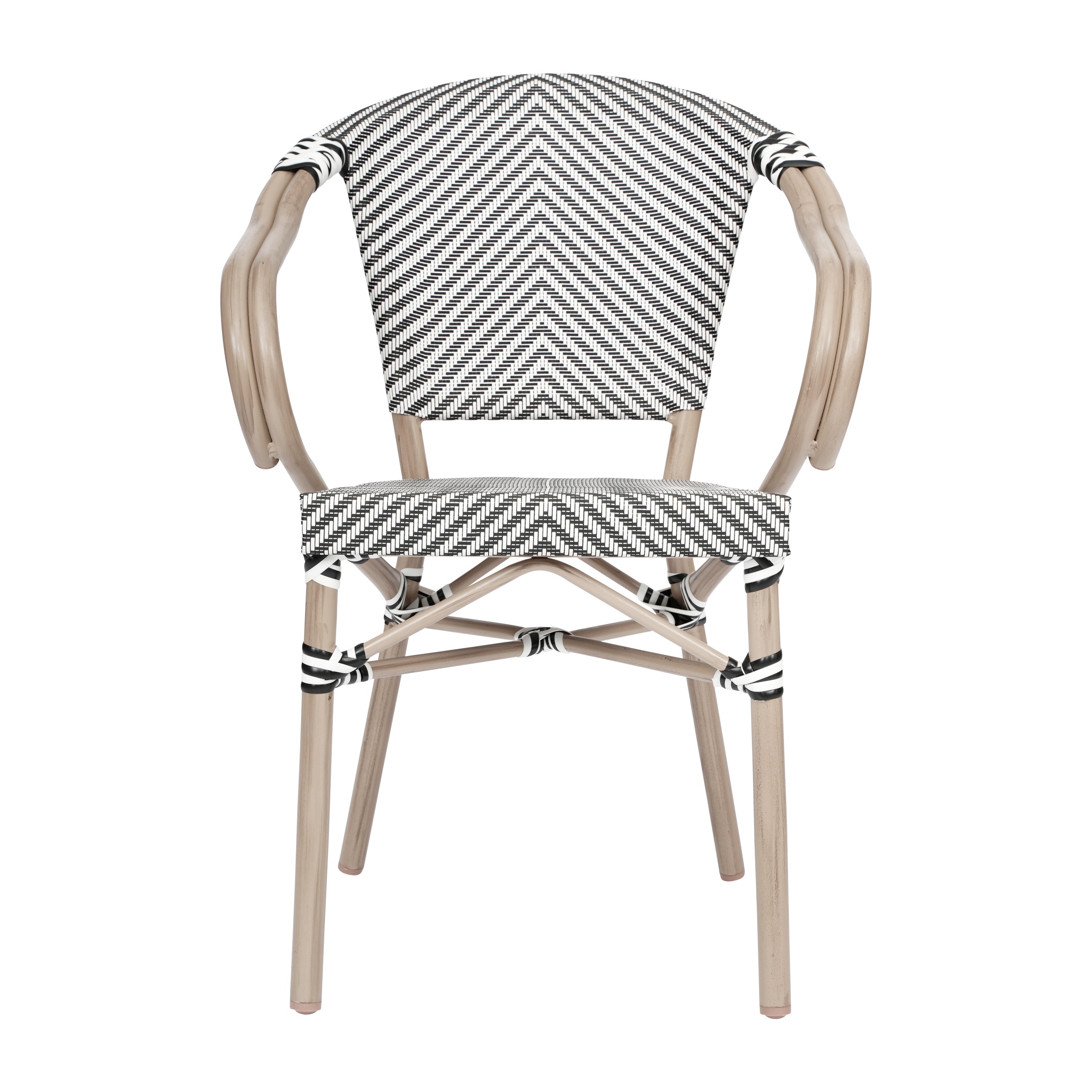 Marseille Indoor/Outdoor Commercial Bistro Stacking Chair with Arms, Black/White Textilene and Bamboo Print Aluminum Frame in LT Natural