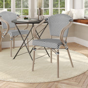 Marseille Indoor/Outdoor Commercial Bistro Stacking Chair with Arms, Black/White Textilene and Bamboo Print Aluminum Frame in LT Natural