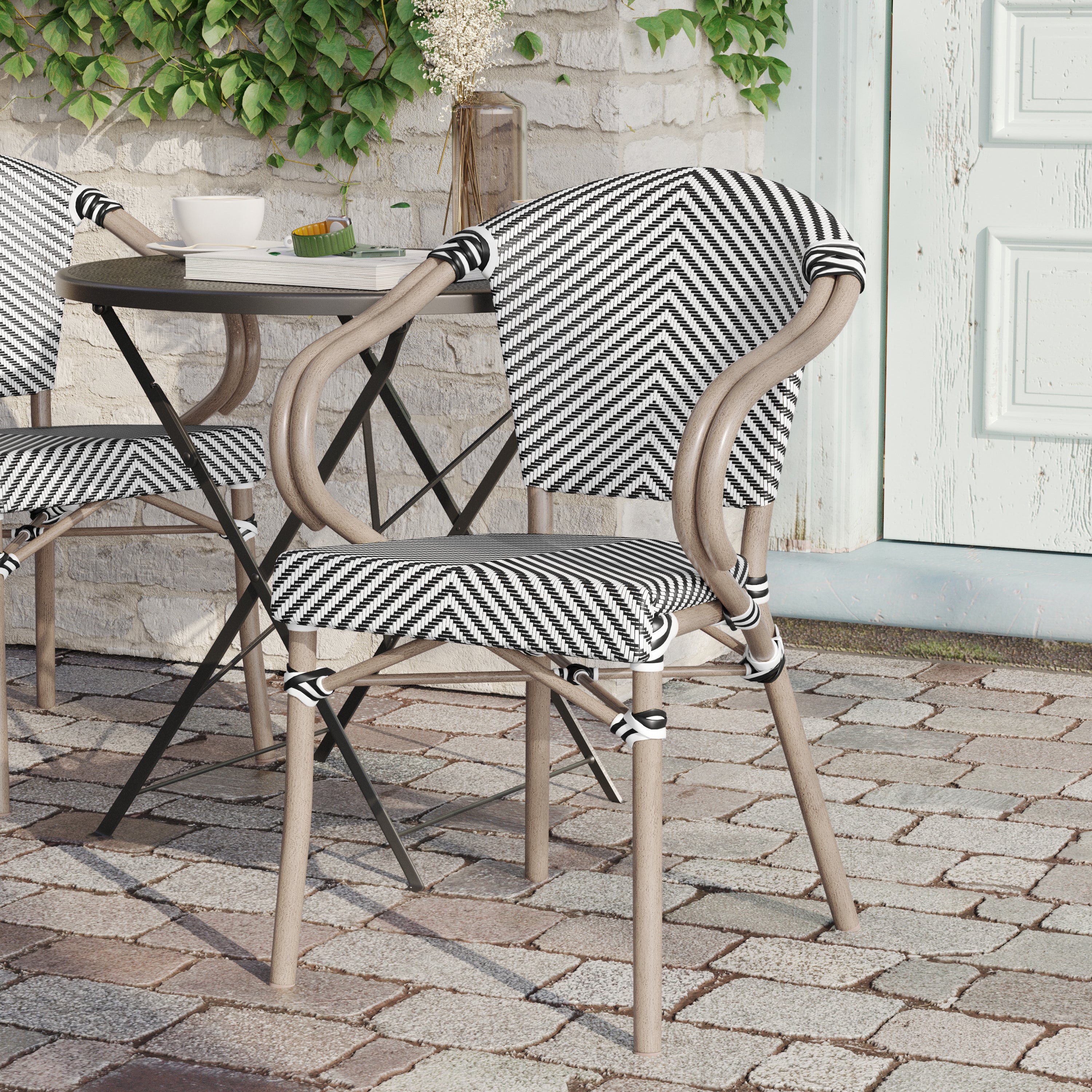 Marseille Indoor/Outdoor Commercial Bistro Stacking Chair with Arms, Black/White Textilene and Bamboo Print Aluminum Frame in LT Natural