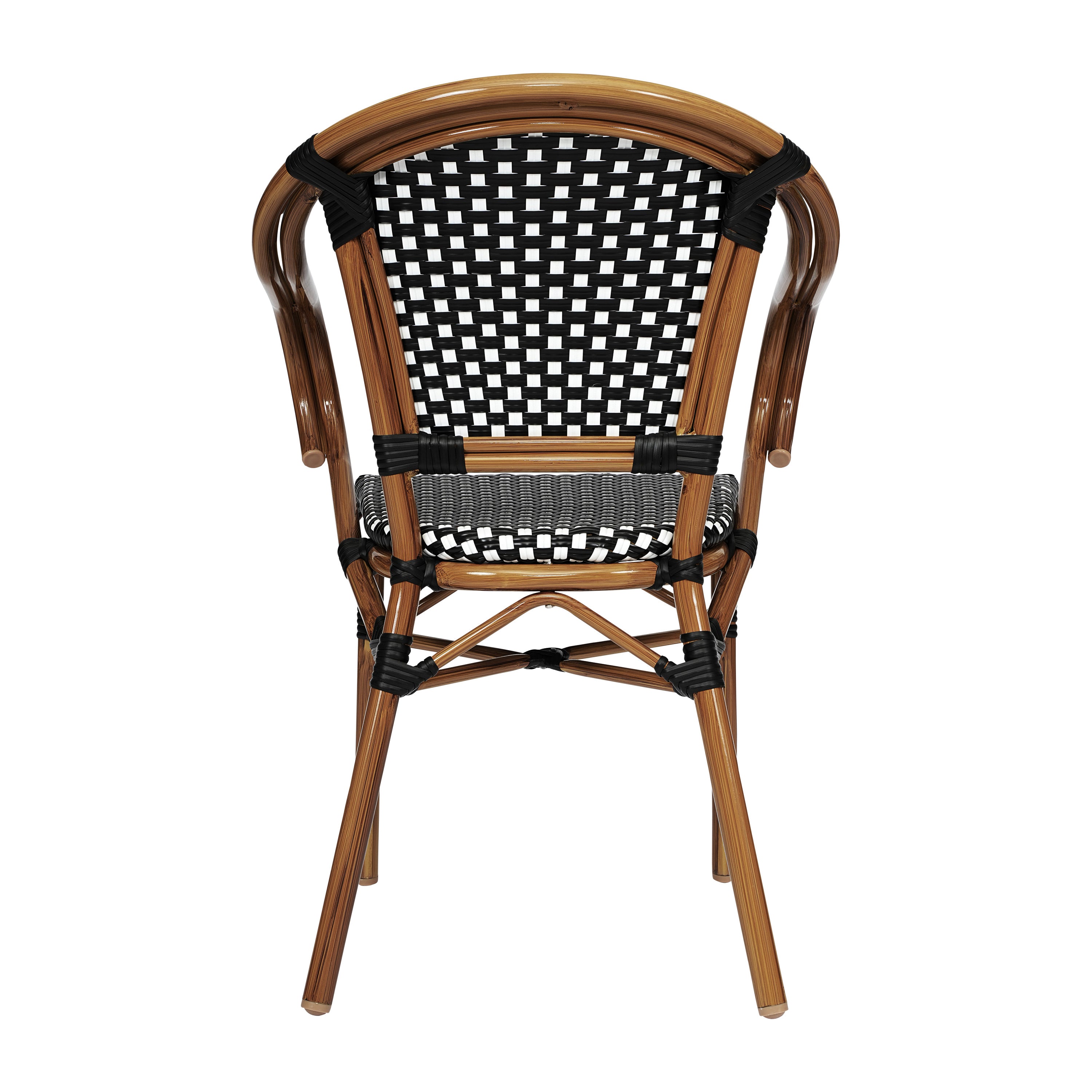 Bordeaux Indoor/Outdoor Commercial Bistro Stacking Chair with Arms, Black and White PE Rattan and Bamboo Print Aluminum Frame in Natural