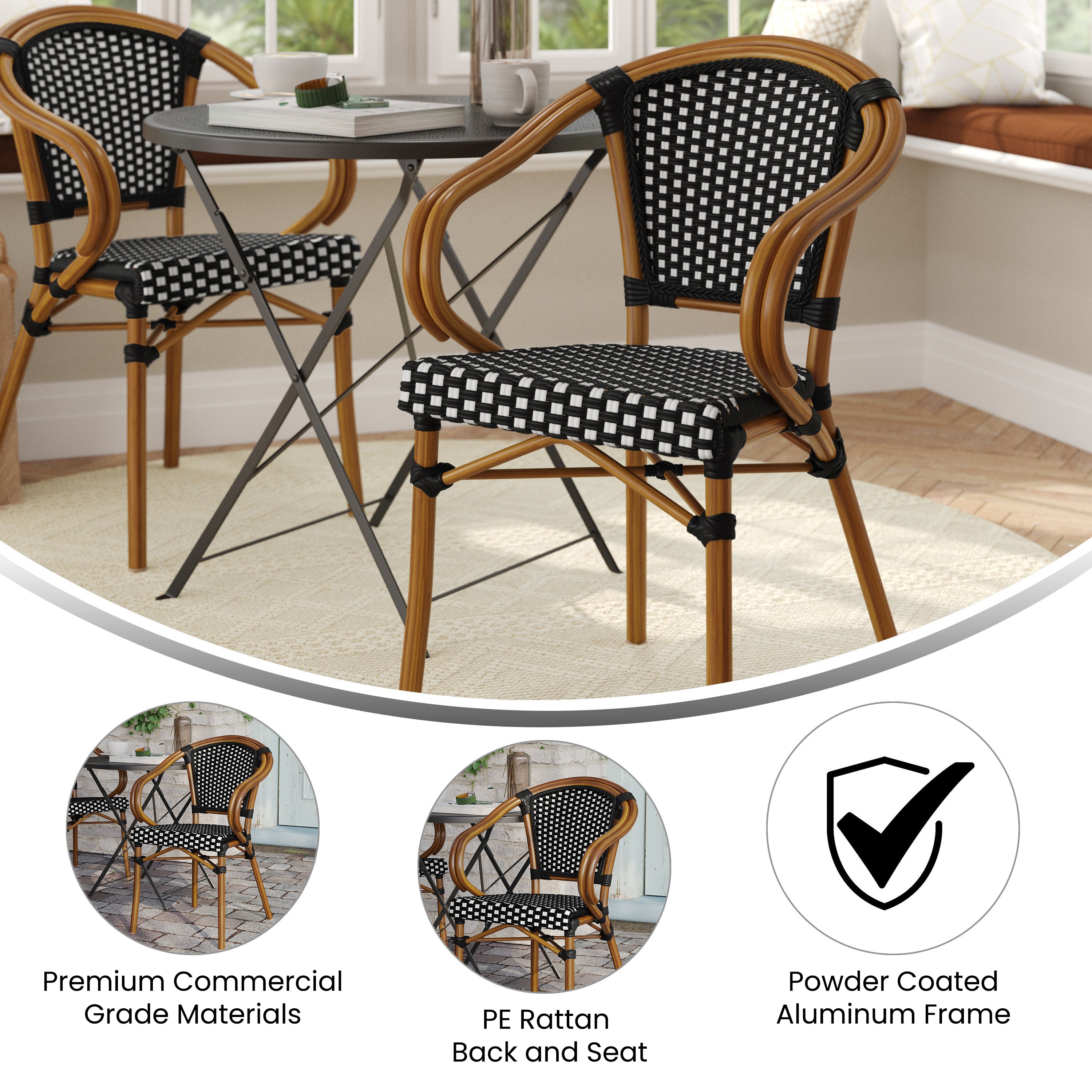 Bordeaux Indoor/Outdoor Commercial Bistro Stacking Chair with Arms, Black and White PE Rattan and Bamboo Print Aluminum Frame in Natural