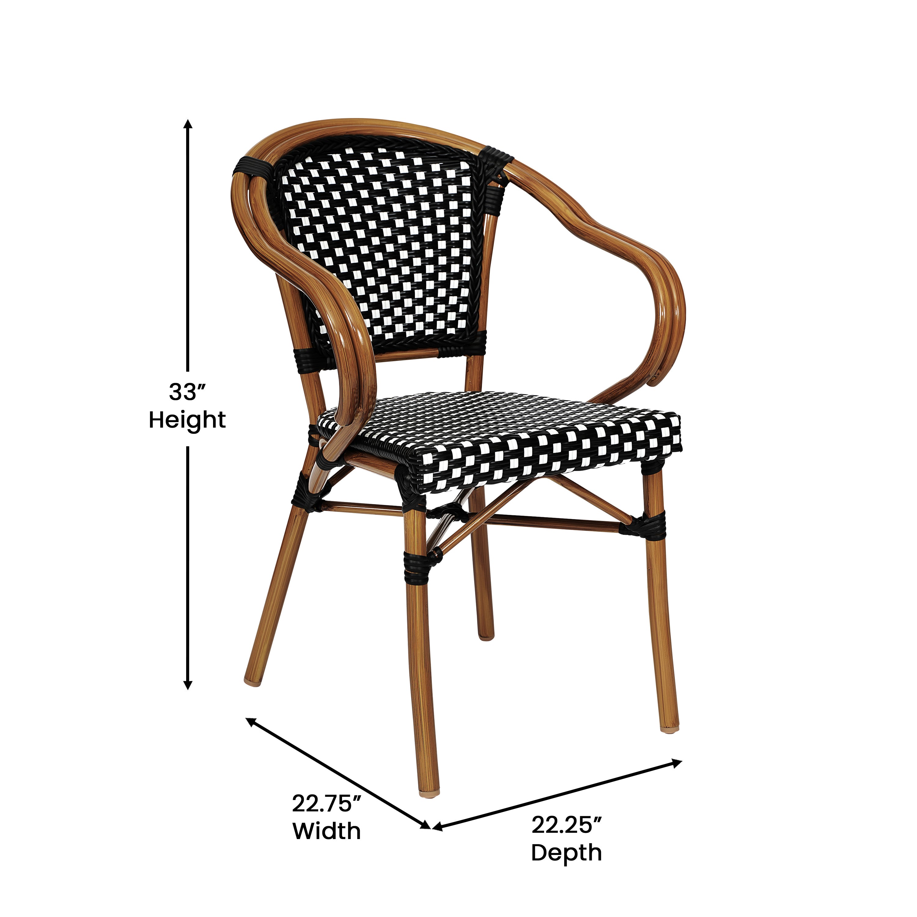 Bordeaux Indoor/Outdoor Commercial Bistro Stacking Chair with Arms, Black and White PE Rattan and Bamboo Print Aluminum Frame in Natural