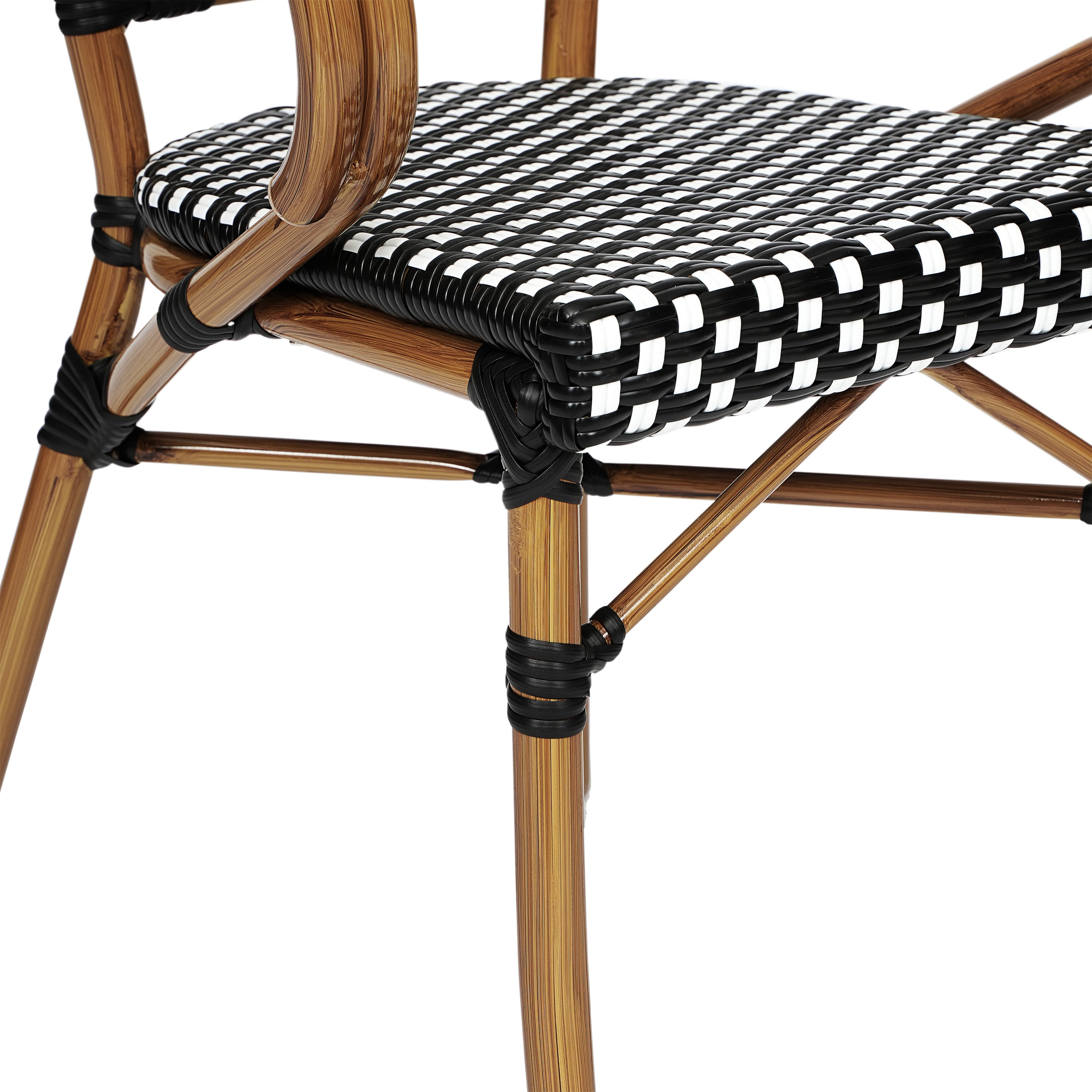 Bordeaux Indoor/Outdoor Commercial Bistro Stacking Chair with Arms, Black and White PE Rattan and Bamboo Print Aluminum Frame in Natural