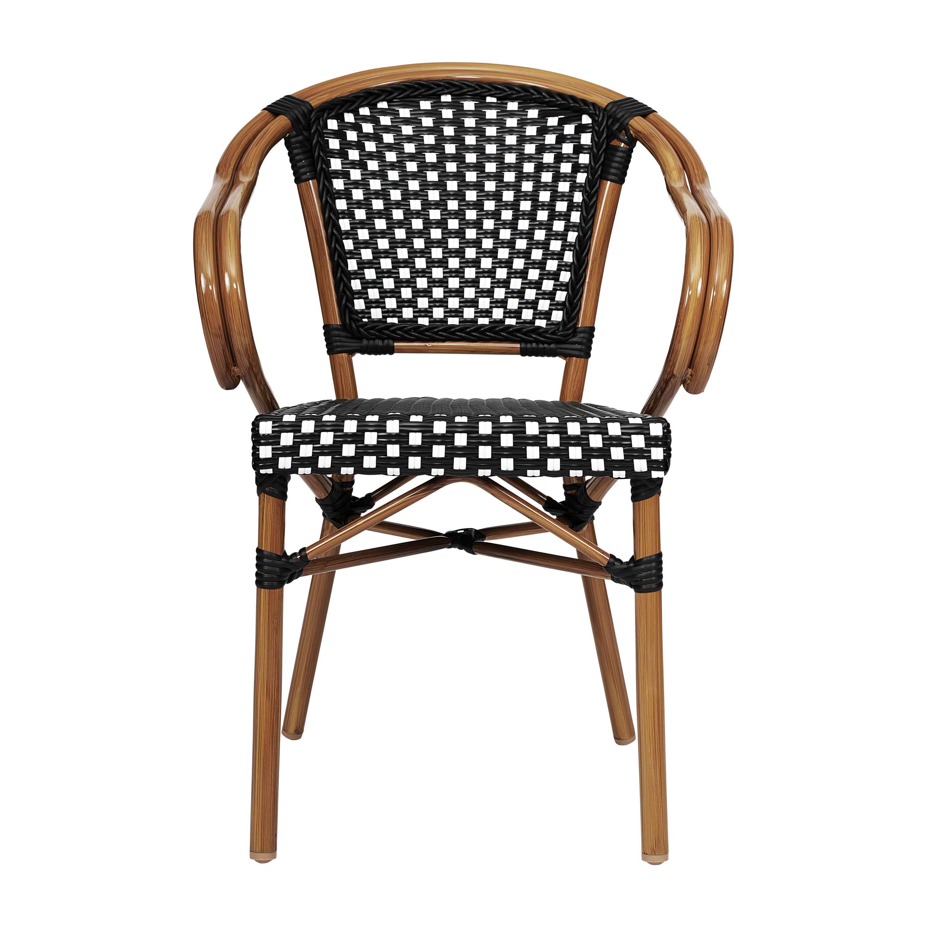 Bordeaux Indoor/Outdoor Commercial Bistro Stacking Chair with Arms, Black and White PE Rattan and Bamboo Print Aluminum Frame in Natural